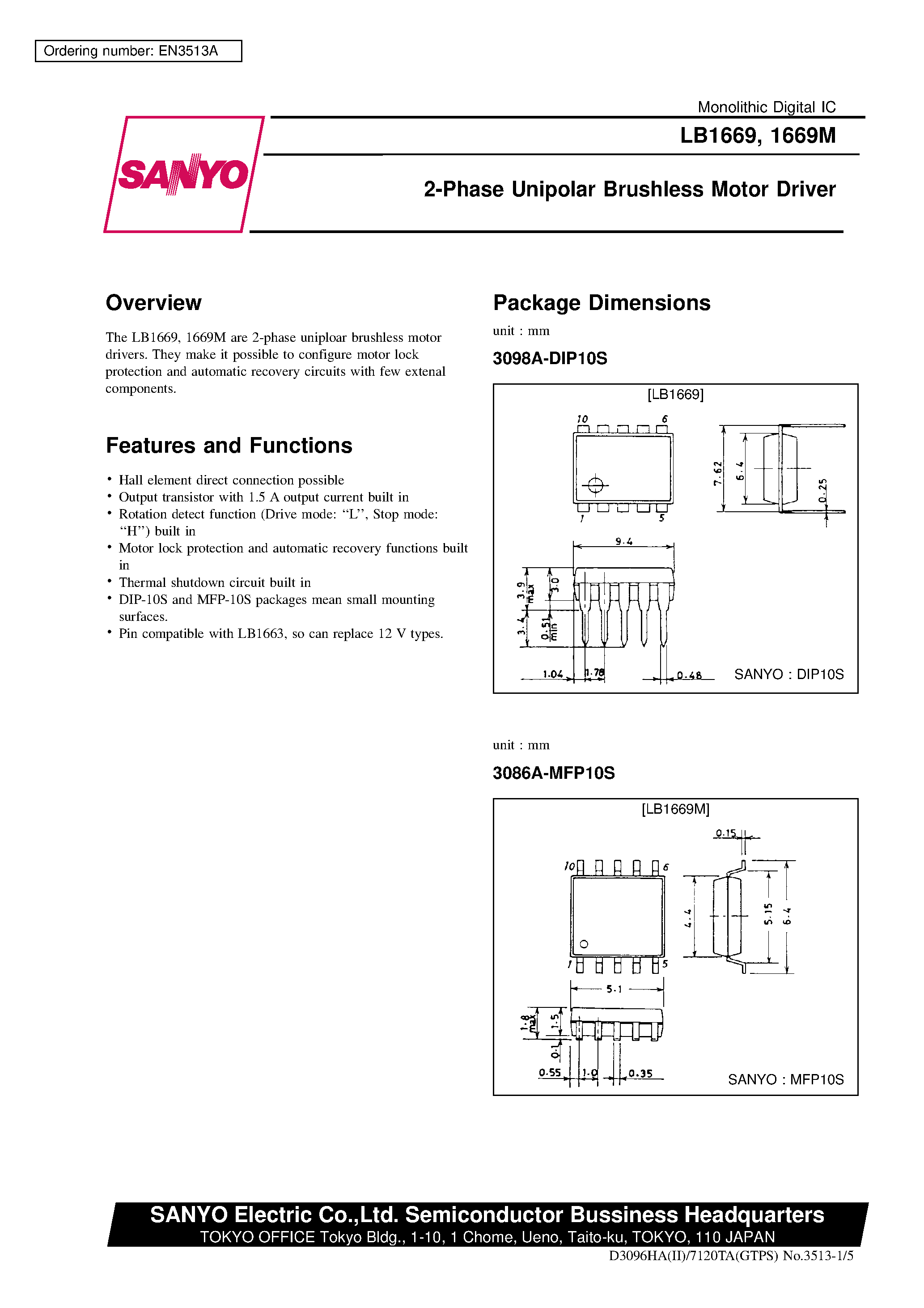 Datasheet LB1669M - 2-Phase Unipolar Brushless Motor Driver page 1