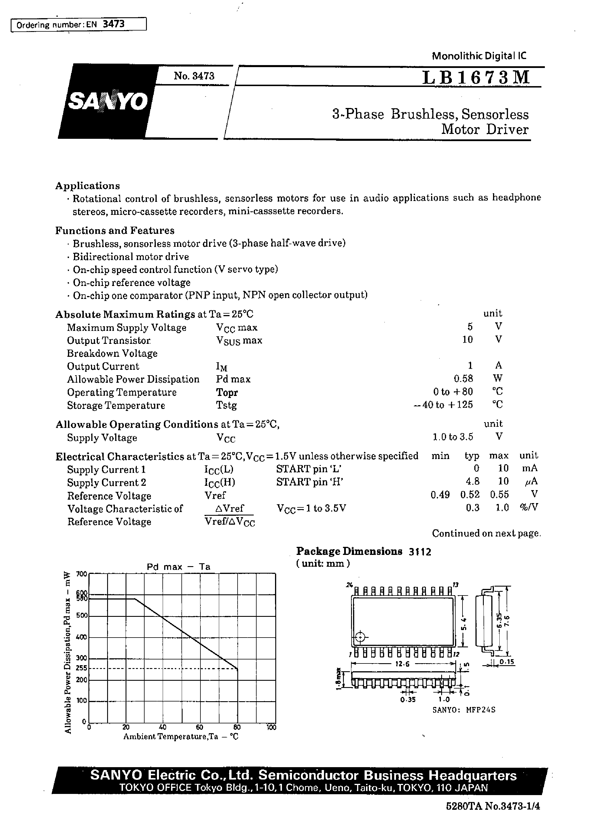 Datasheet LB1673M - 3-Phase Brushless / Sensorless Motor Driver page 1