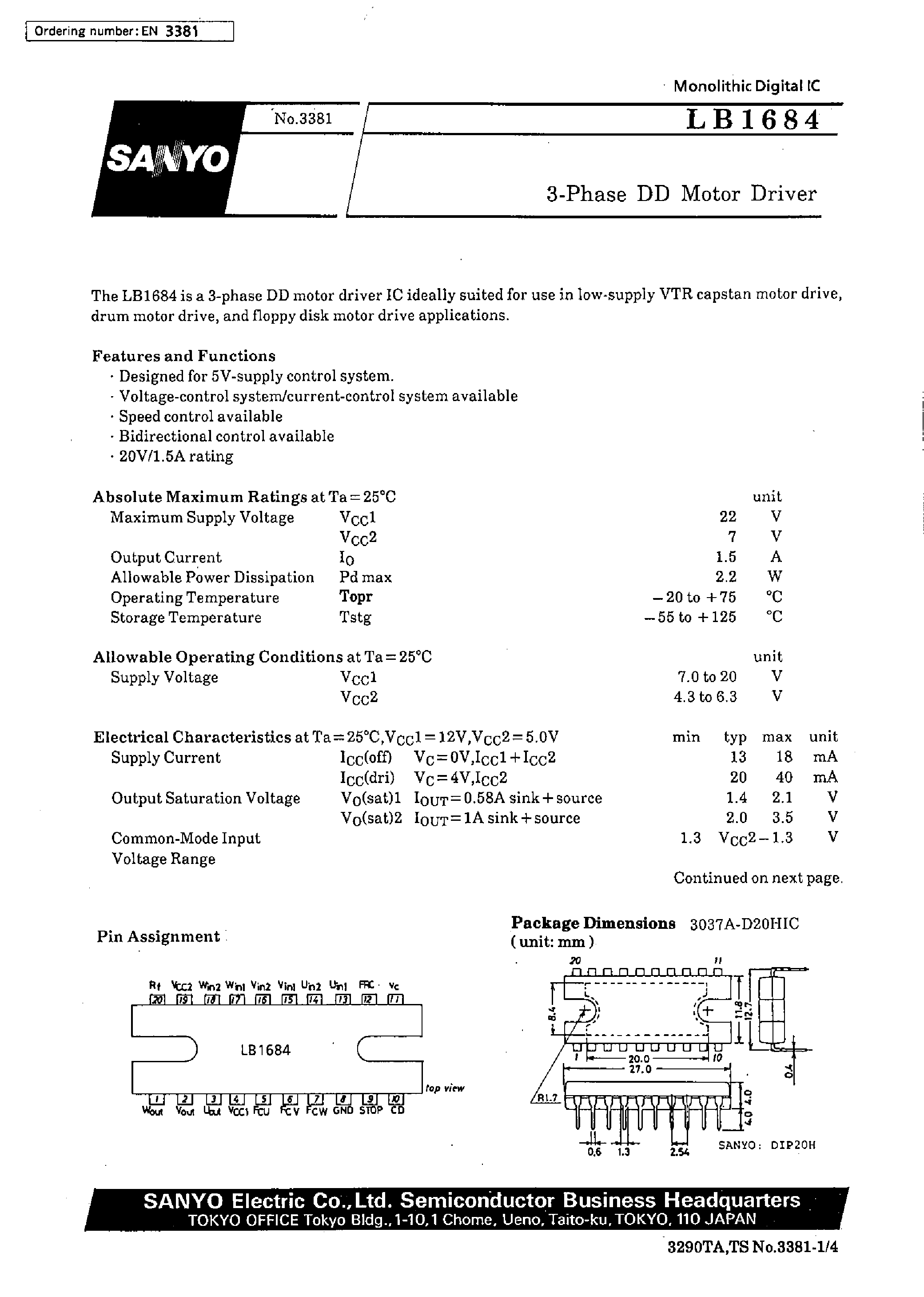Datasheet LB1684 - 3-Phase DD Motor Driver page 1
