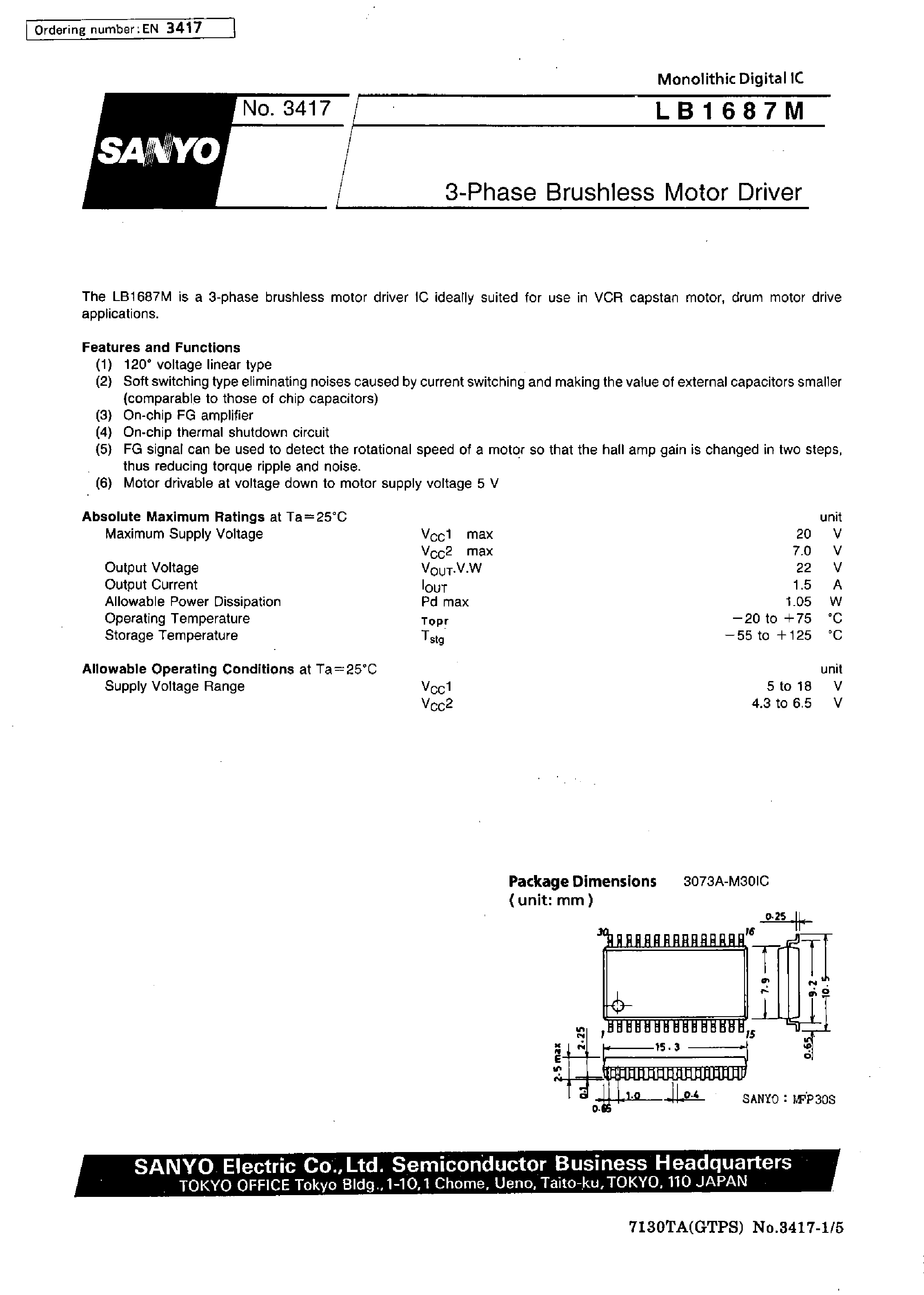 Datasheet LB1687M - 3-Phase Brushless Motor Driver page 1