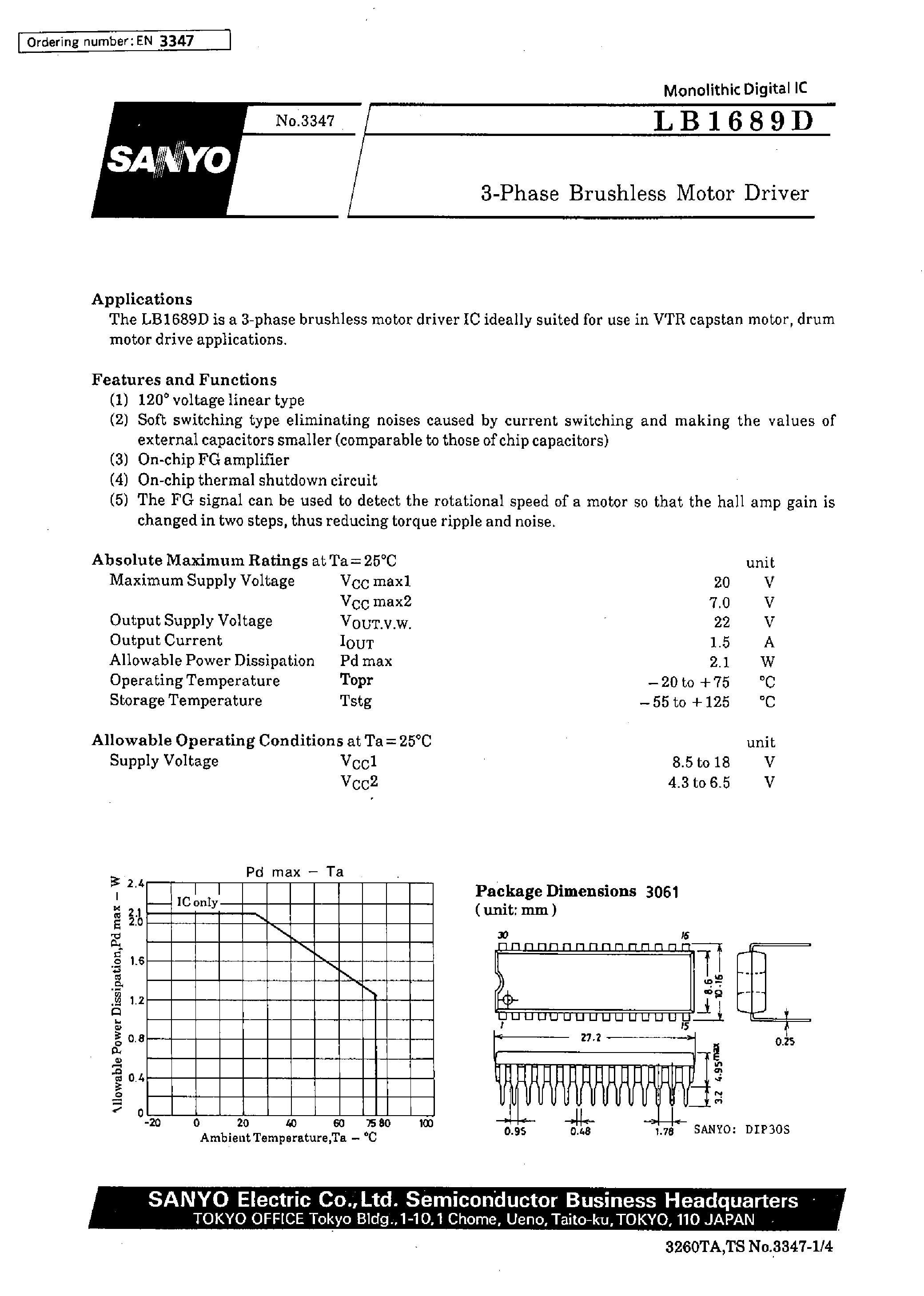 Datasheet LB1689 - 3-Phase Brushless Motor Driver page 1