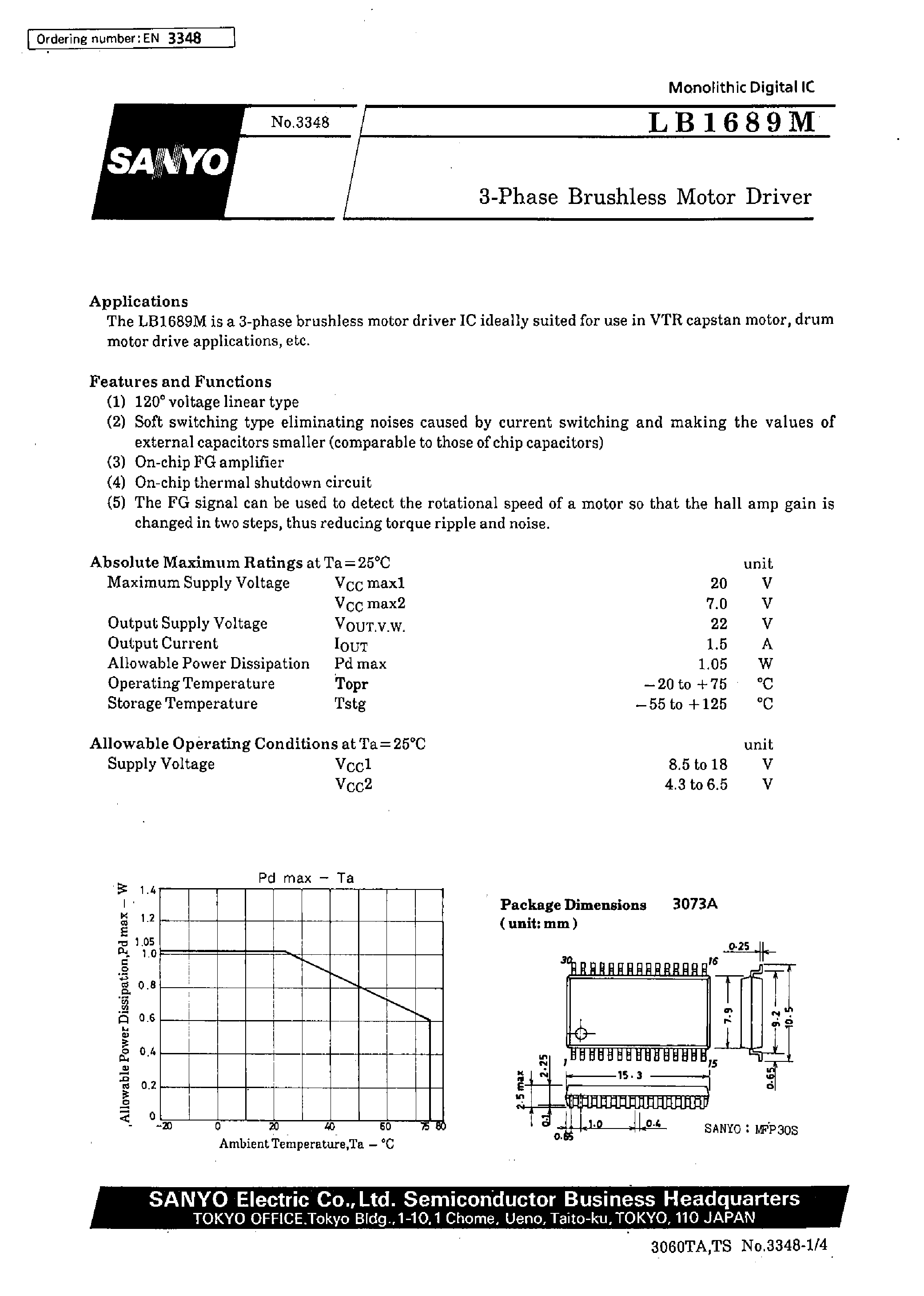 Datasheet LB1689M - 3-Phase Brushless Motor Driver page 1
