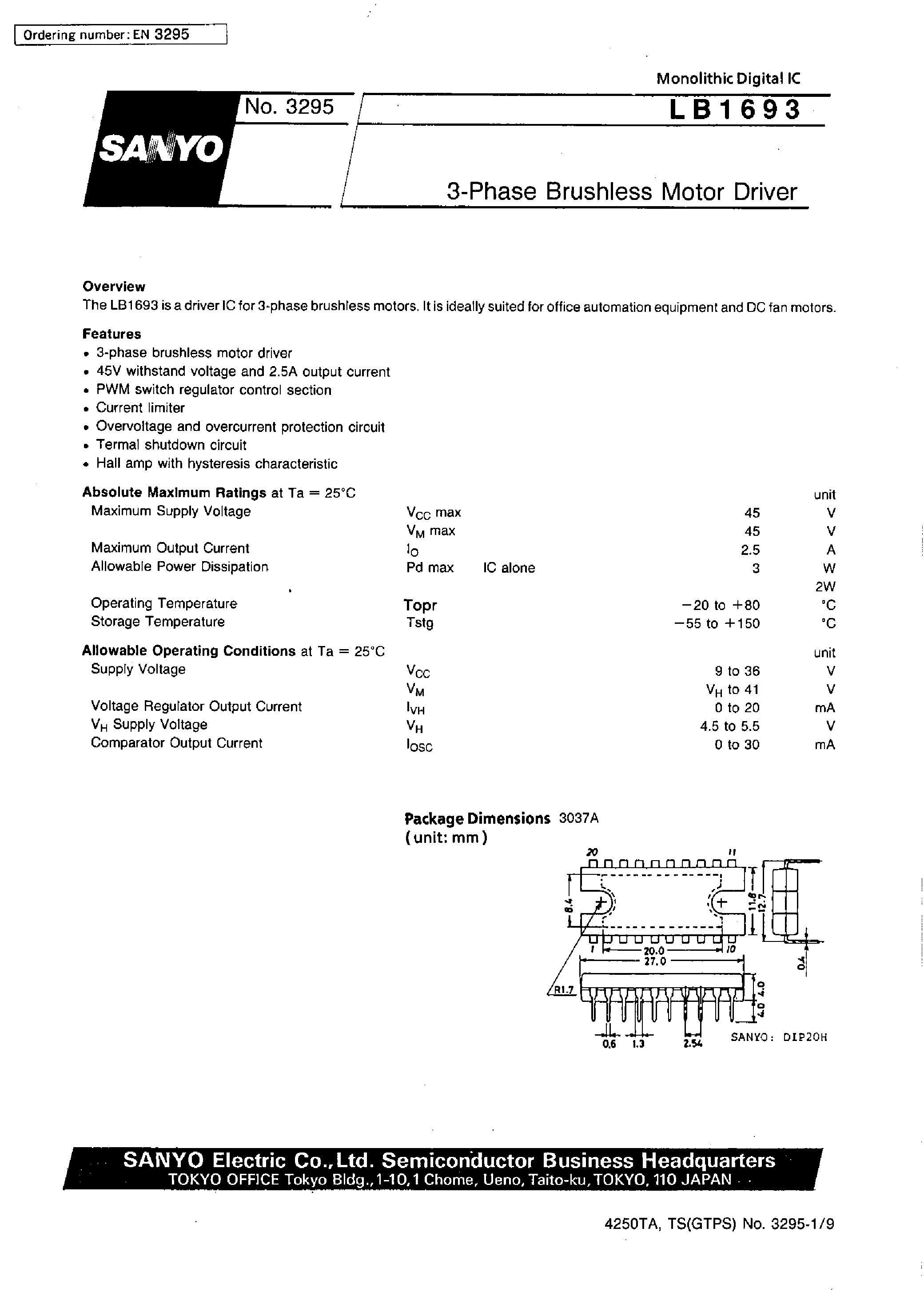 Datasheet LB1693 - 3-Phase Brushless Motor Driver page 1