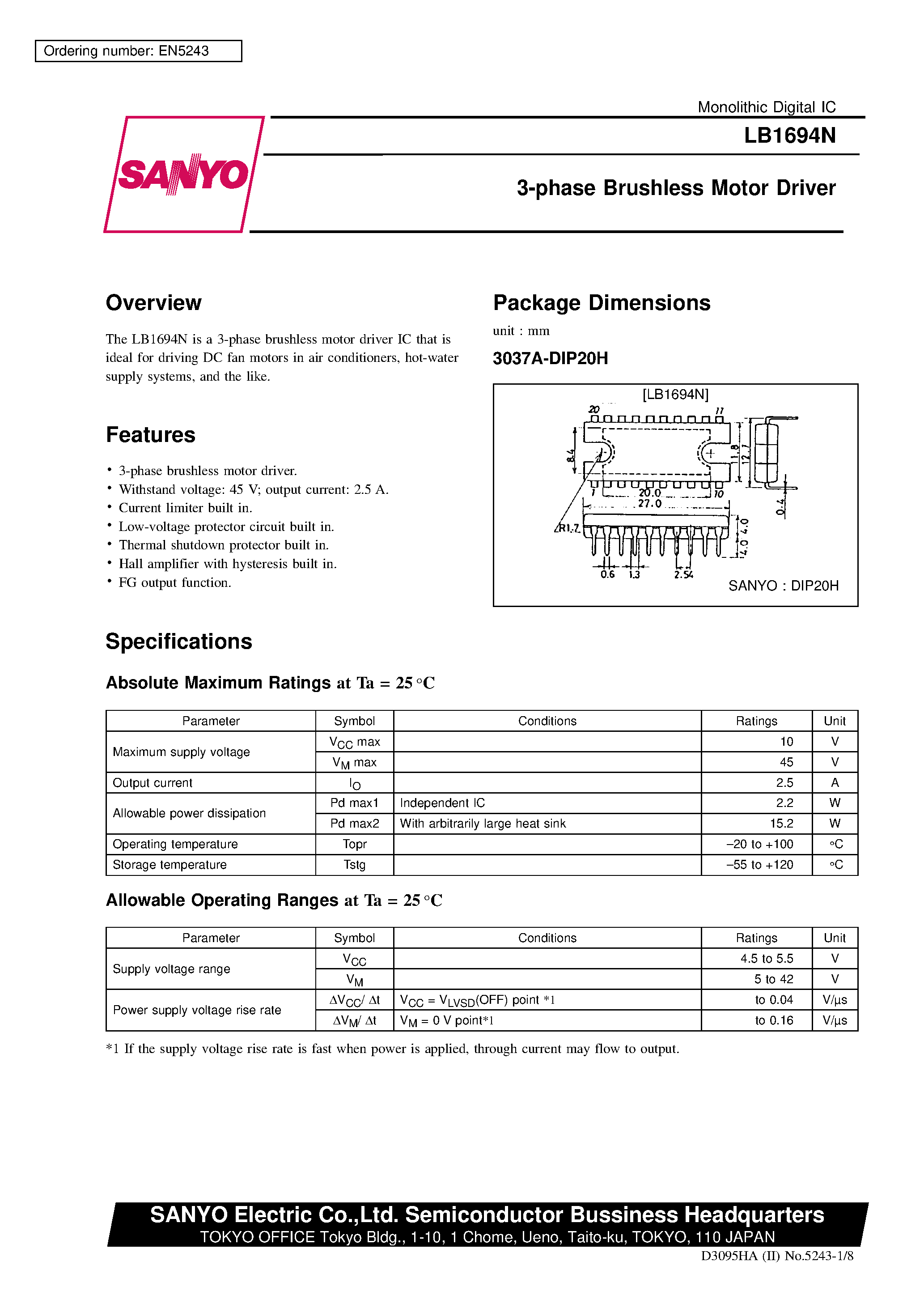 Datasheet LB1694N - 3-Phase Brushless Motor Driver page 1