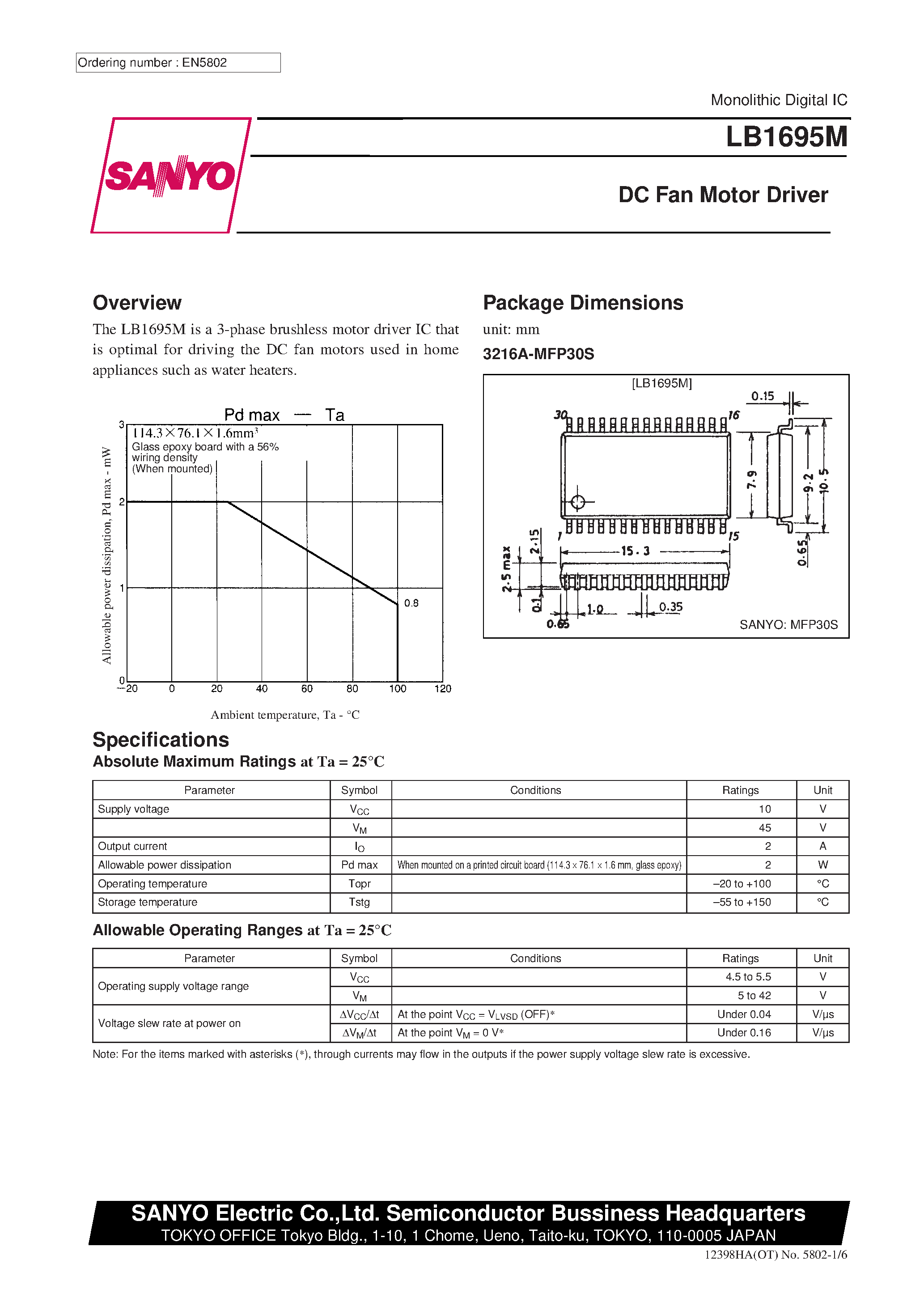 Datasheet LB1695M page 1 Datasheet LB1695M - DC Fan Motor Driver page 1