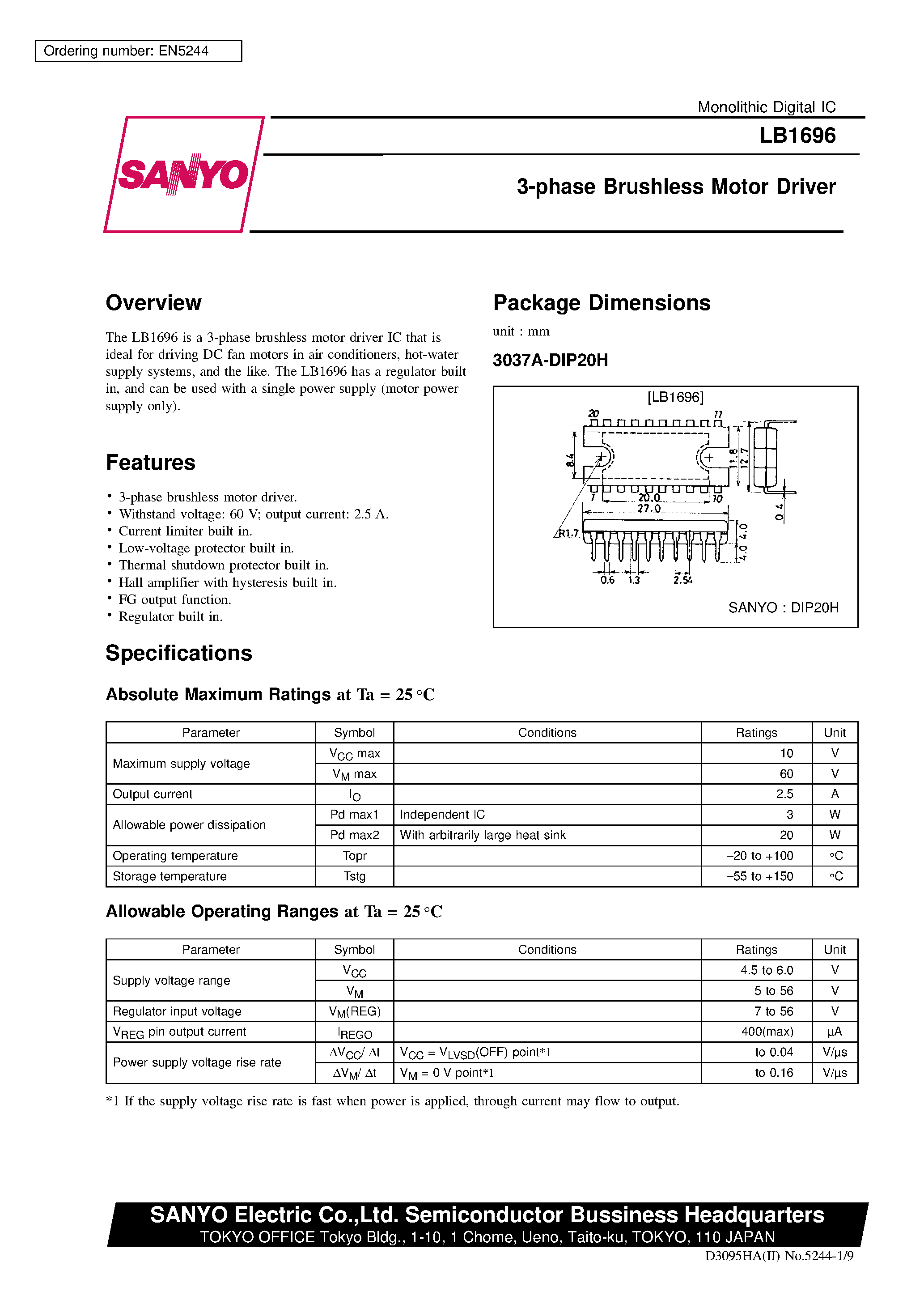 Datasheet LB1696 - 3-phase Brushless Motor Driver page 1