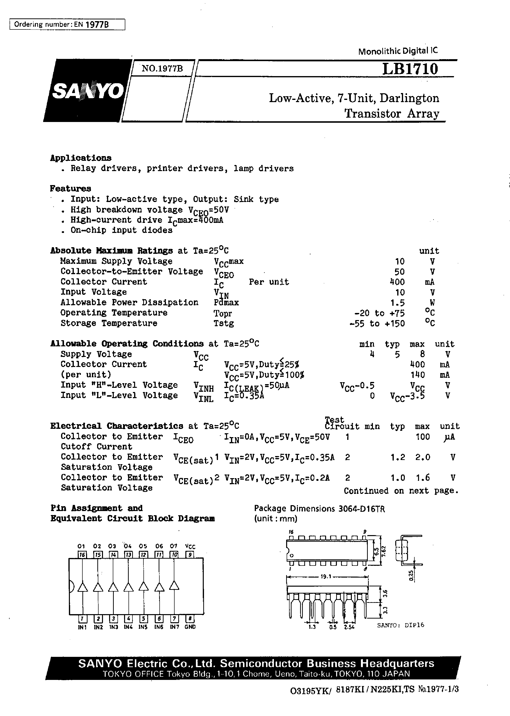 Даташит LB1710 - Low-Active / 7-Unit / Darlington Transistor Array страница 1
