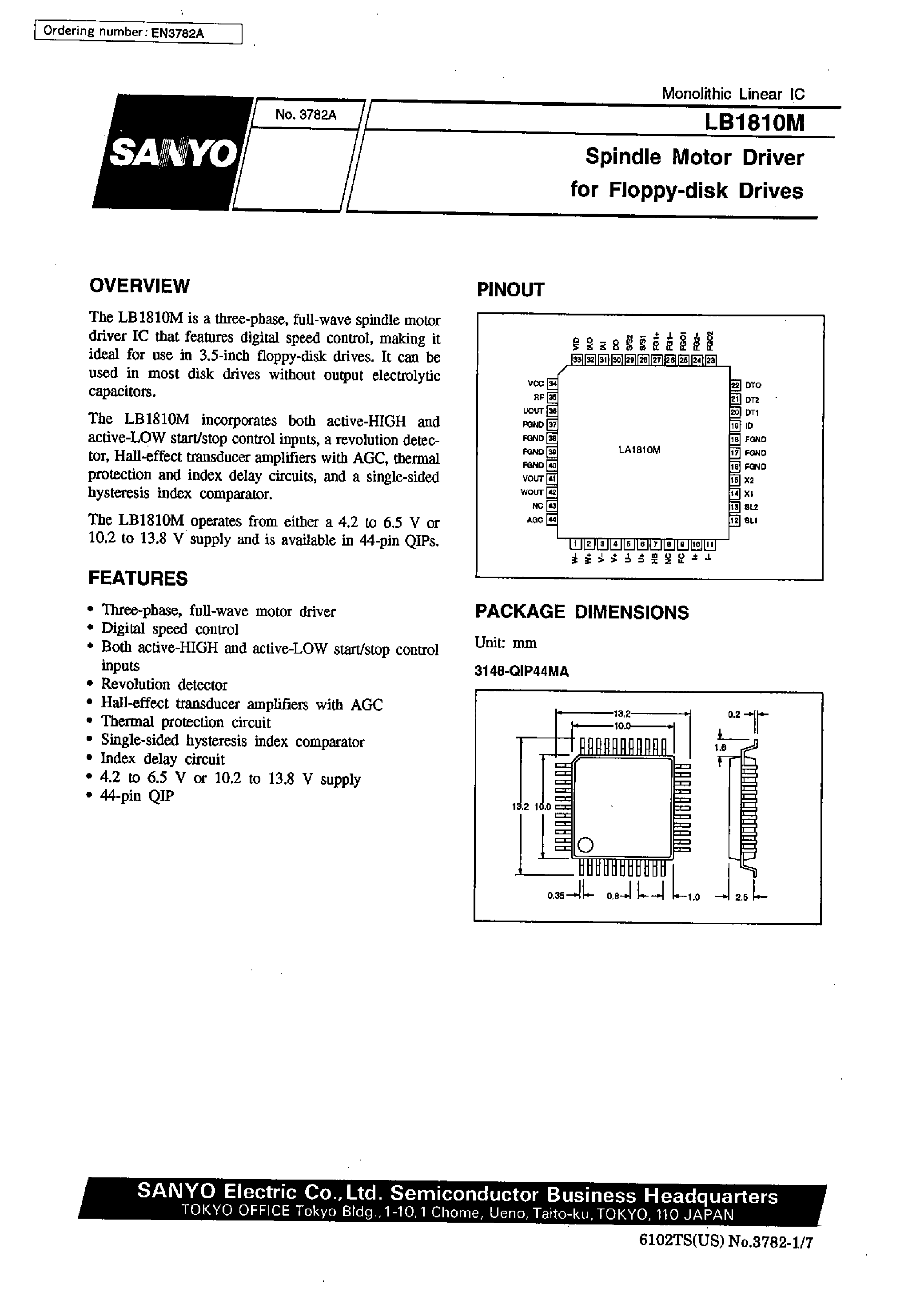 Datasheet LB1810M page 1 Datasheet LB1810M - Spindle Motor Driver for Floppy-disk Drives page 1