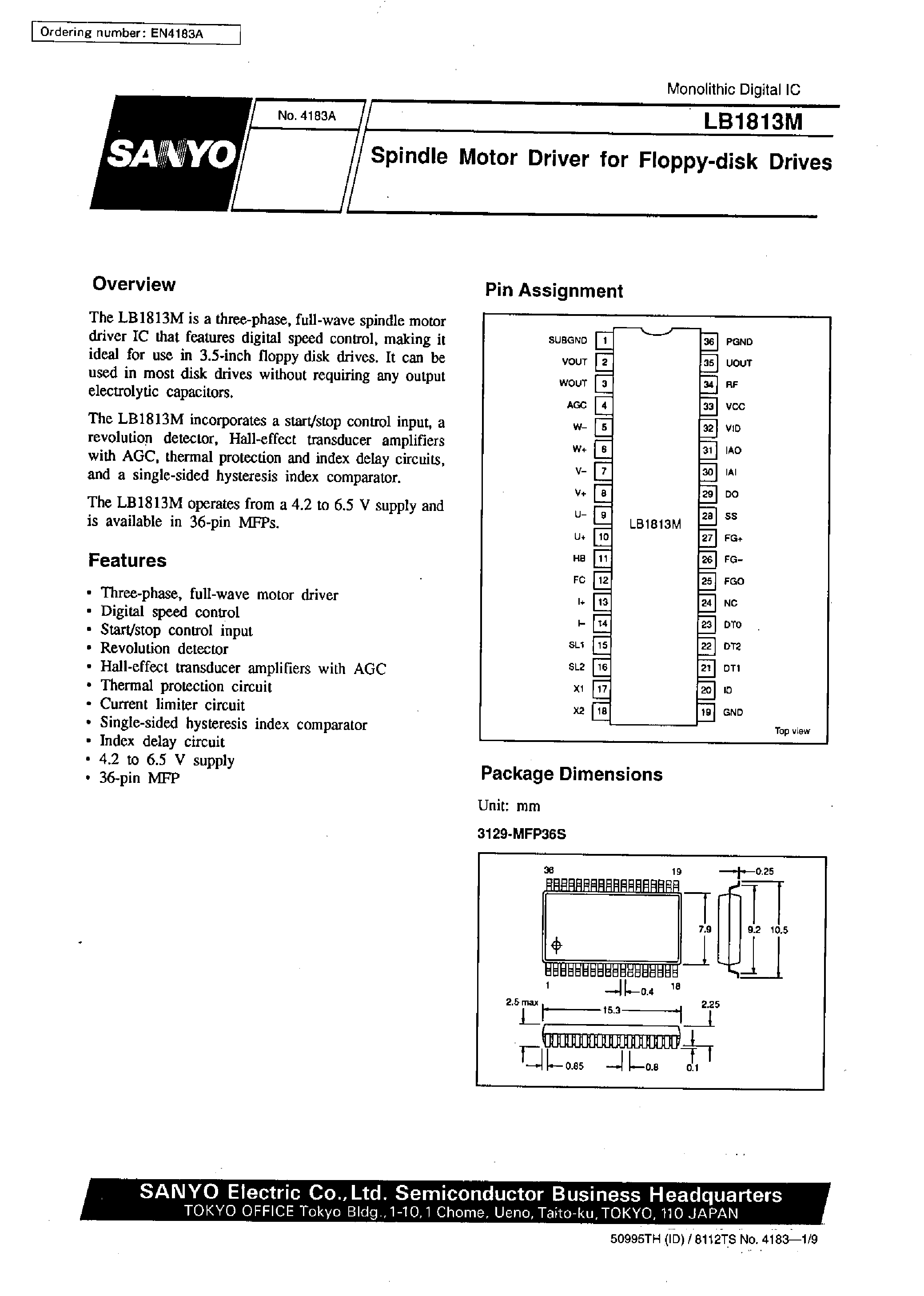 Datasheet LB1813M page 1 Datasheet LB1813M - Spindle Motor Driver for Floppy-disk Drives page 1