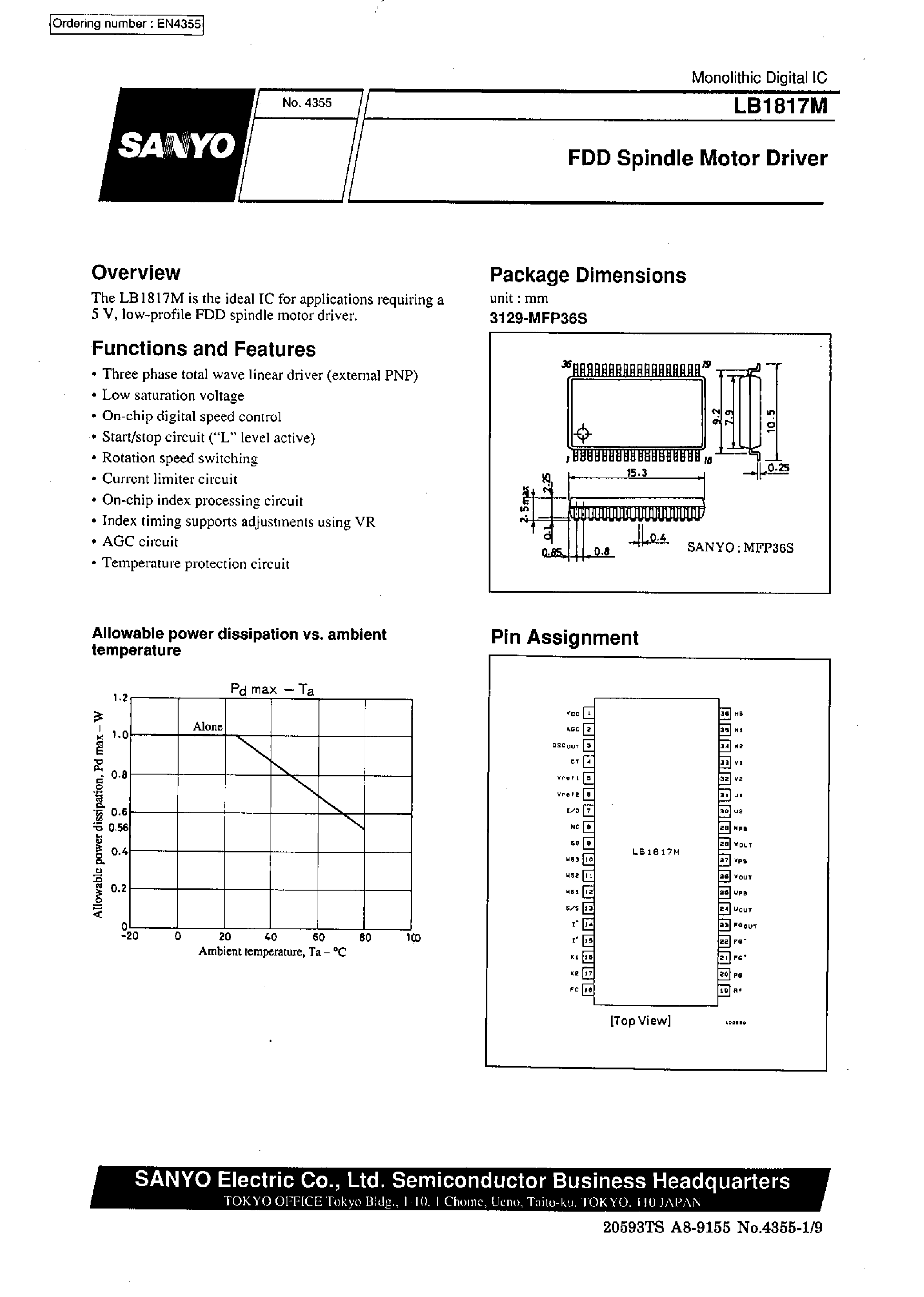 Даташит на микросхему LB1817M страница 1 Даташит LB1817M - FDD Spindle Motor Driver страница 1
