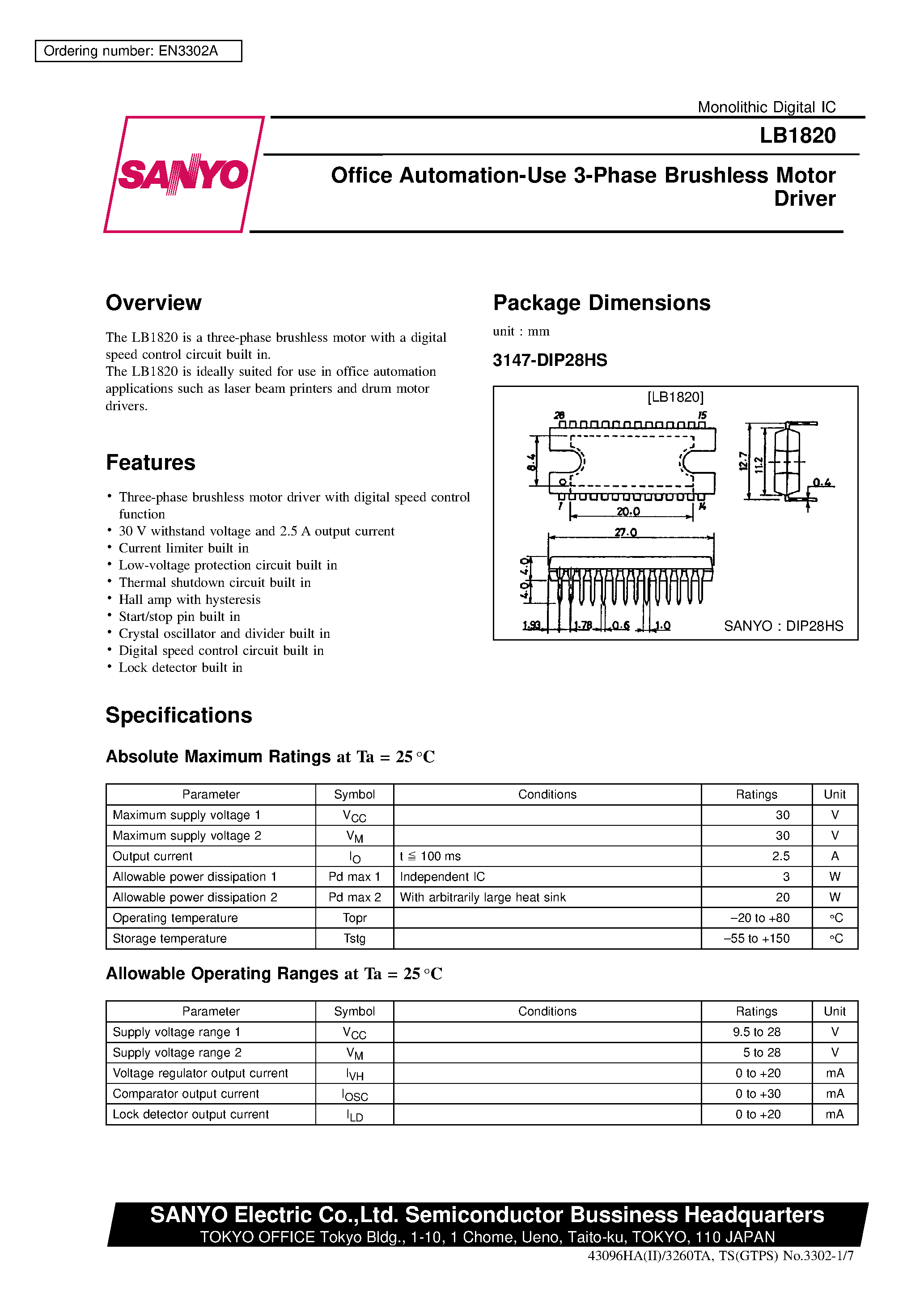 Datasheet LB1820 - Office Automation-Use 3-Phase Brushless Motor Driver page 1