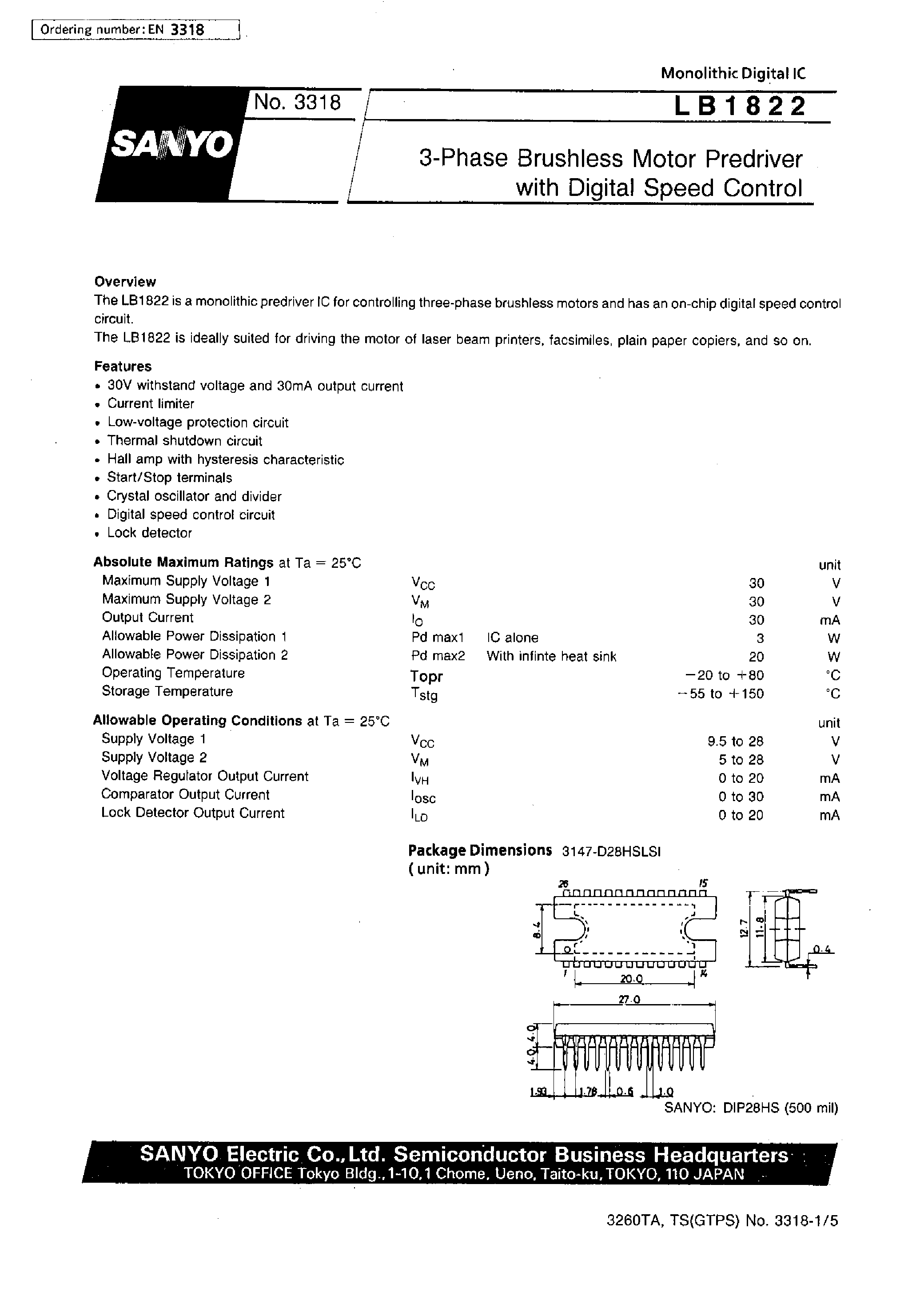 Datasheet LB1822 - 3-phase Brushless Motor Predriver with Digital Speed Control page 1