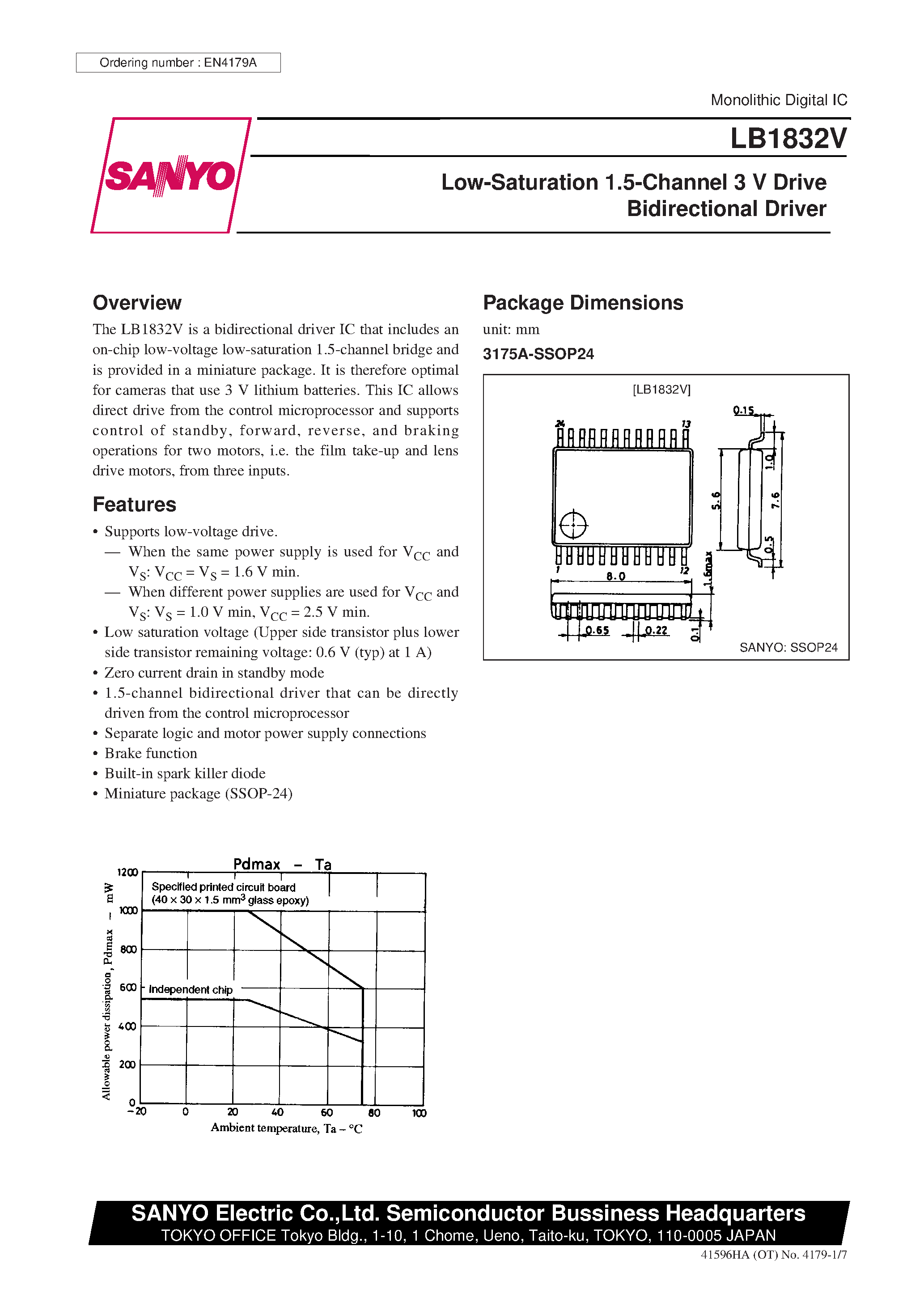 Datasheet LB1832V page 1 Datasheet LB1832V - Low-Saturation 1.5-Channel 3 V Drive Bidirectional Driver page 1