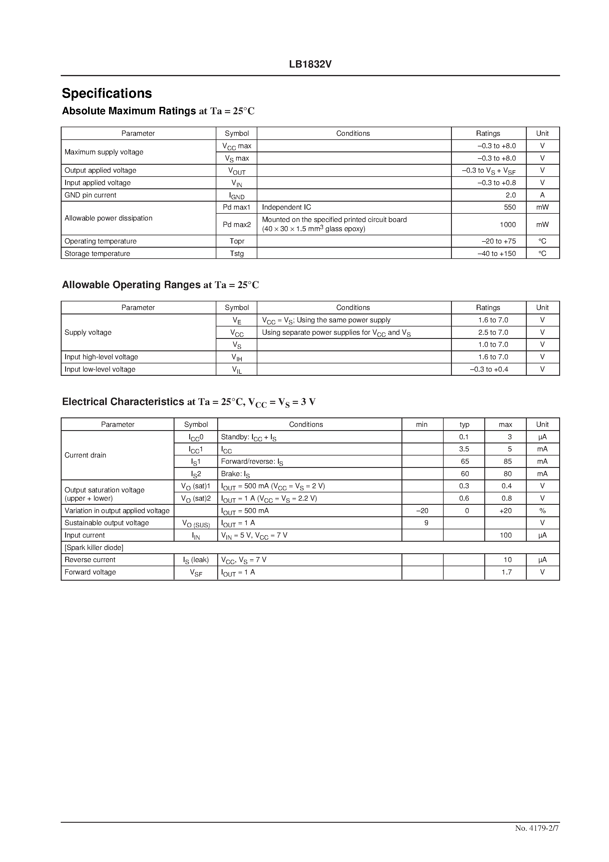 Datasheet LB1832V page 2 Datasheet LB1832V - Low-Saturation 1.5-Channel 3 V Drive Bidirectional Driver page 2