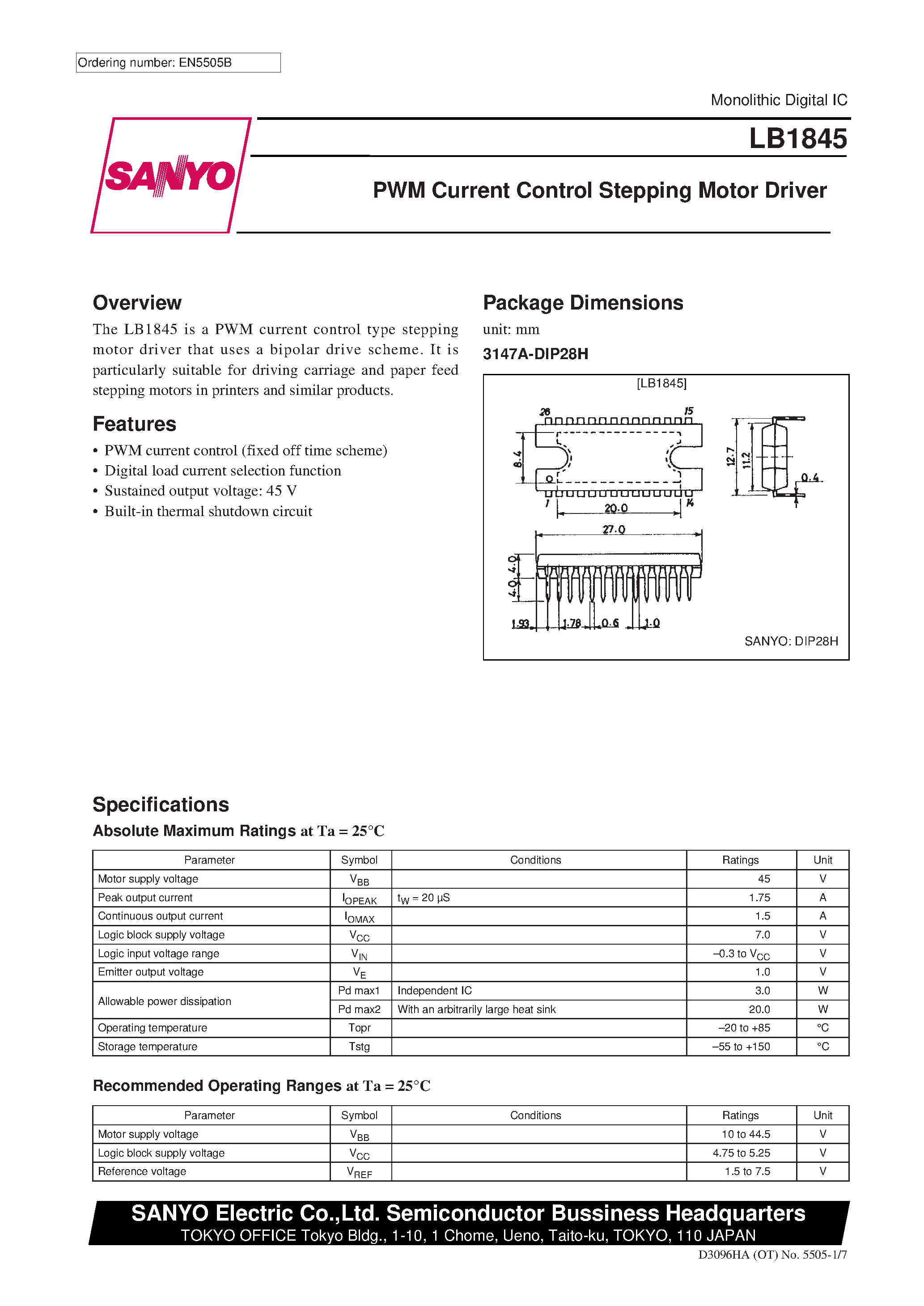 Даташит LB1845 - PWM Current Control Stepping Motor Driver страница 1