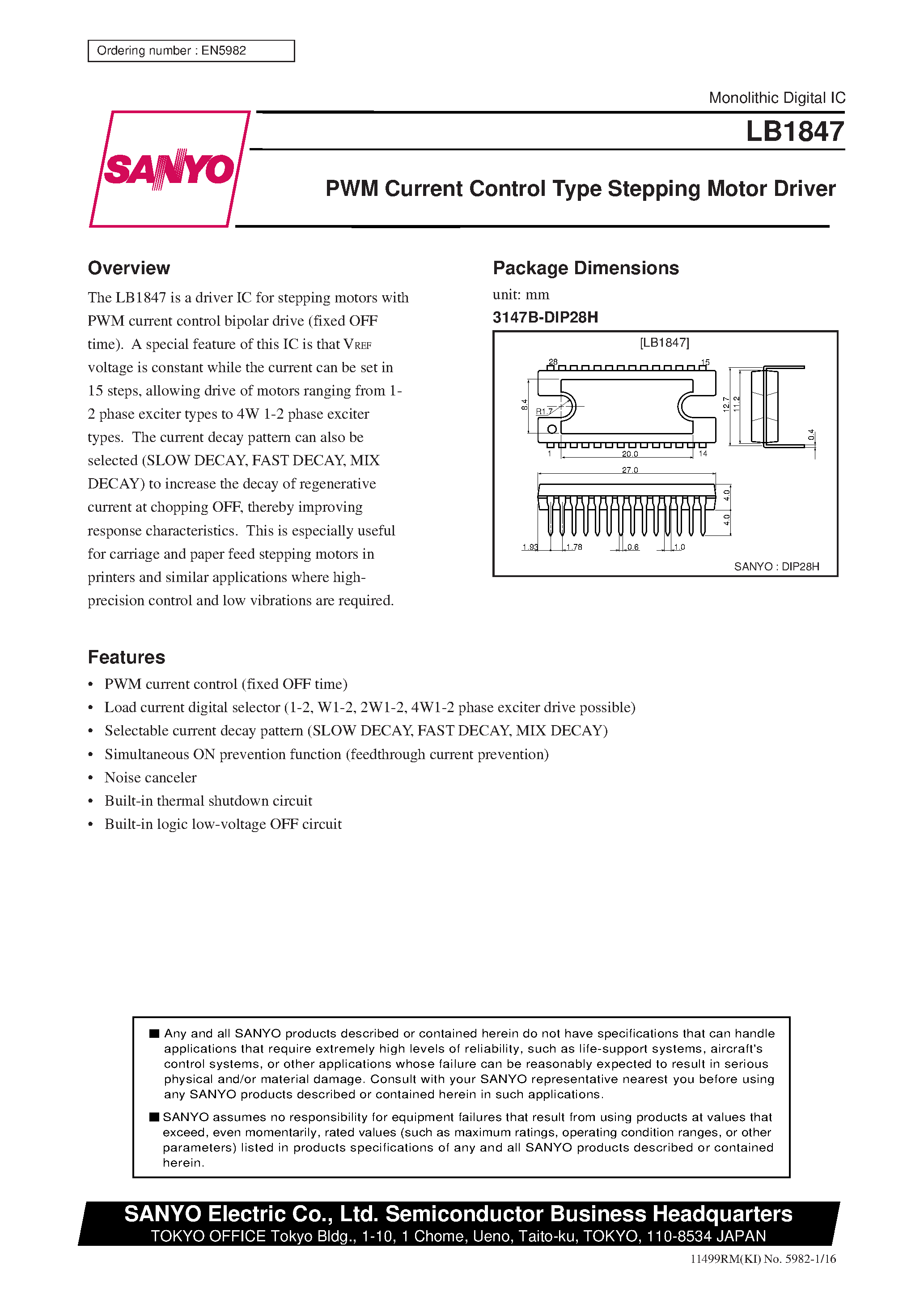 Даташит LB1847 - PWM Current Control Type Stepping Motor Driver страница 1