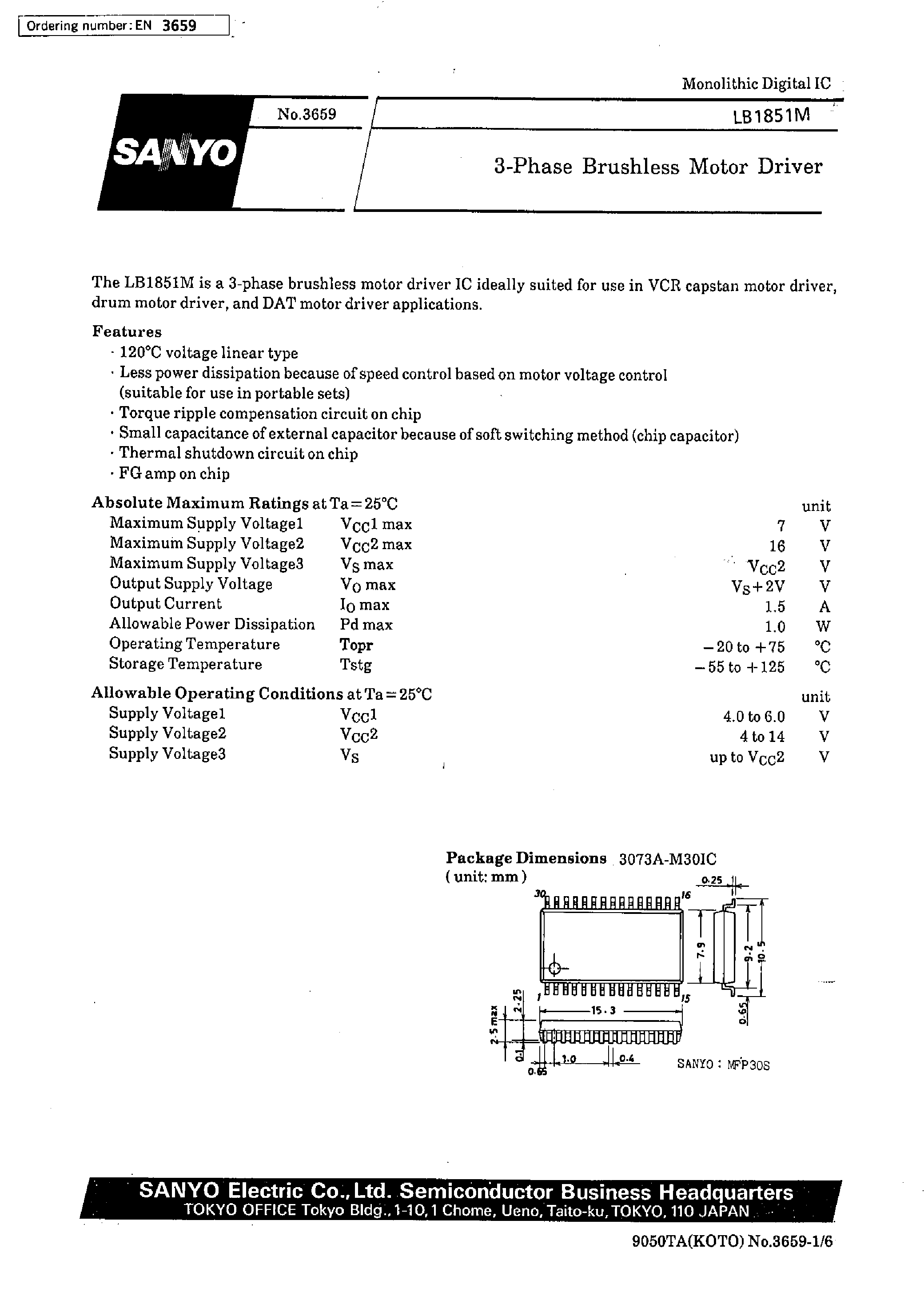 Datasheet LB1851M - 3-phase Brushless Motor Driver page 1