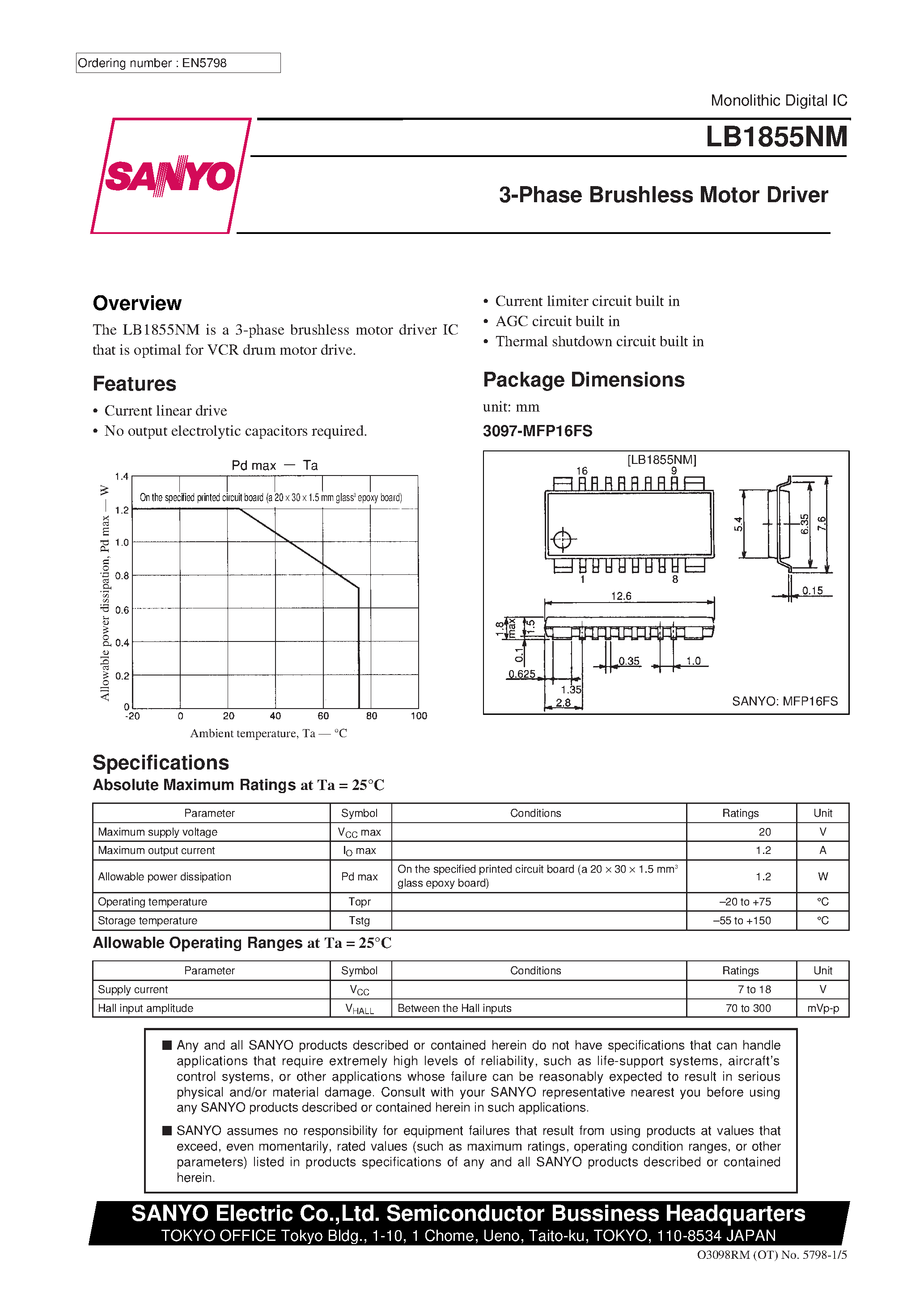 Datasheet LB1855NM - 3-Phase Brushless Motor Driver page 1