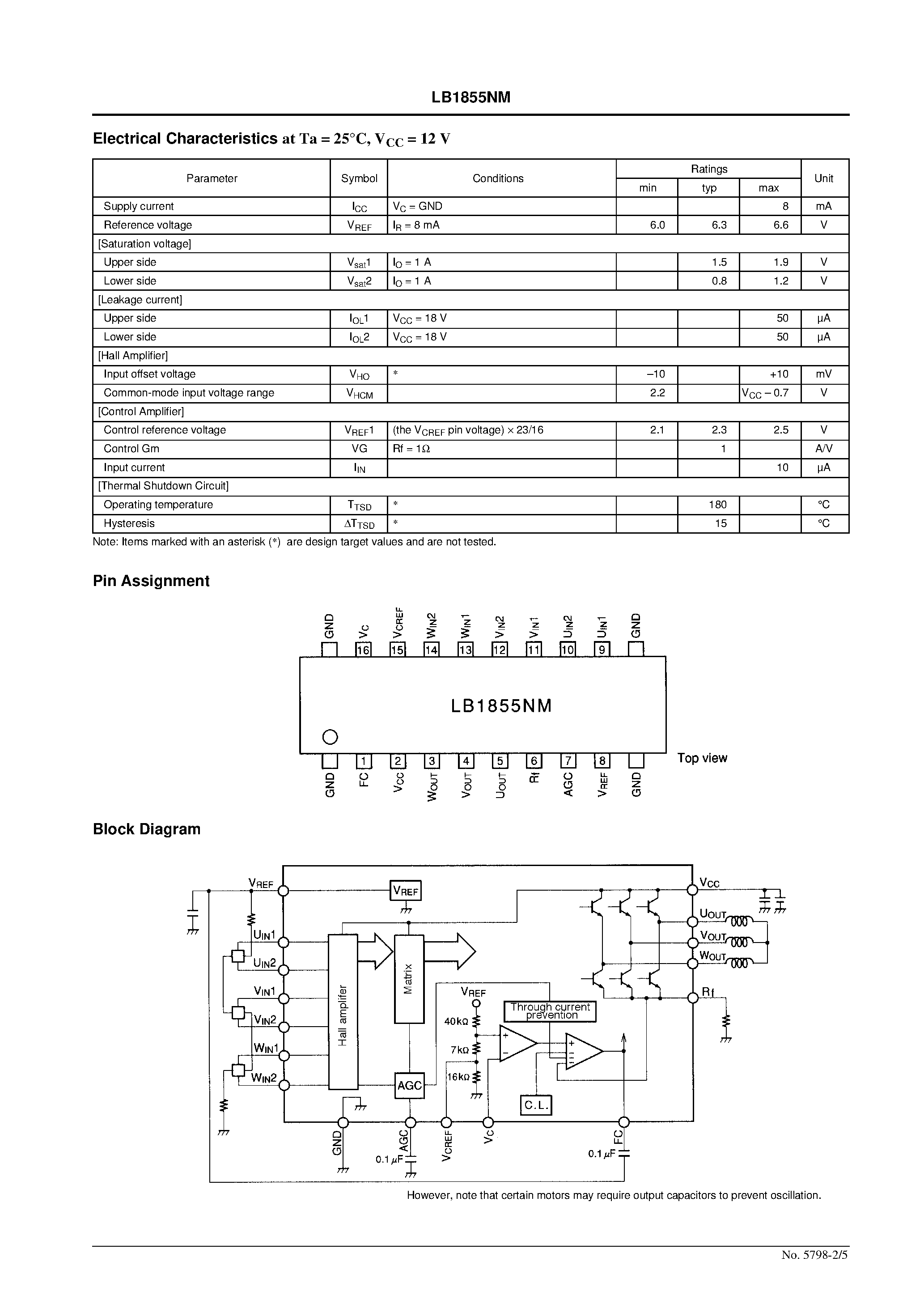 Datasheet LB1855NM - 3-Phase Brushless Motor Driver page 2