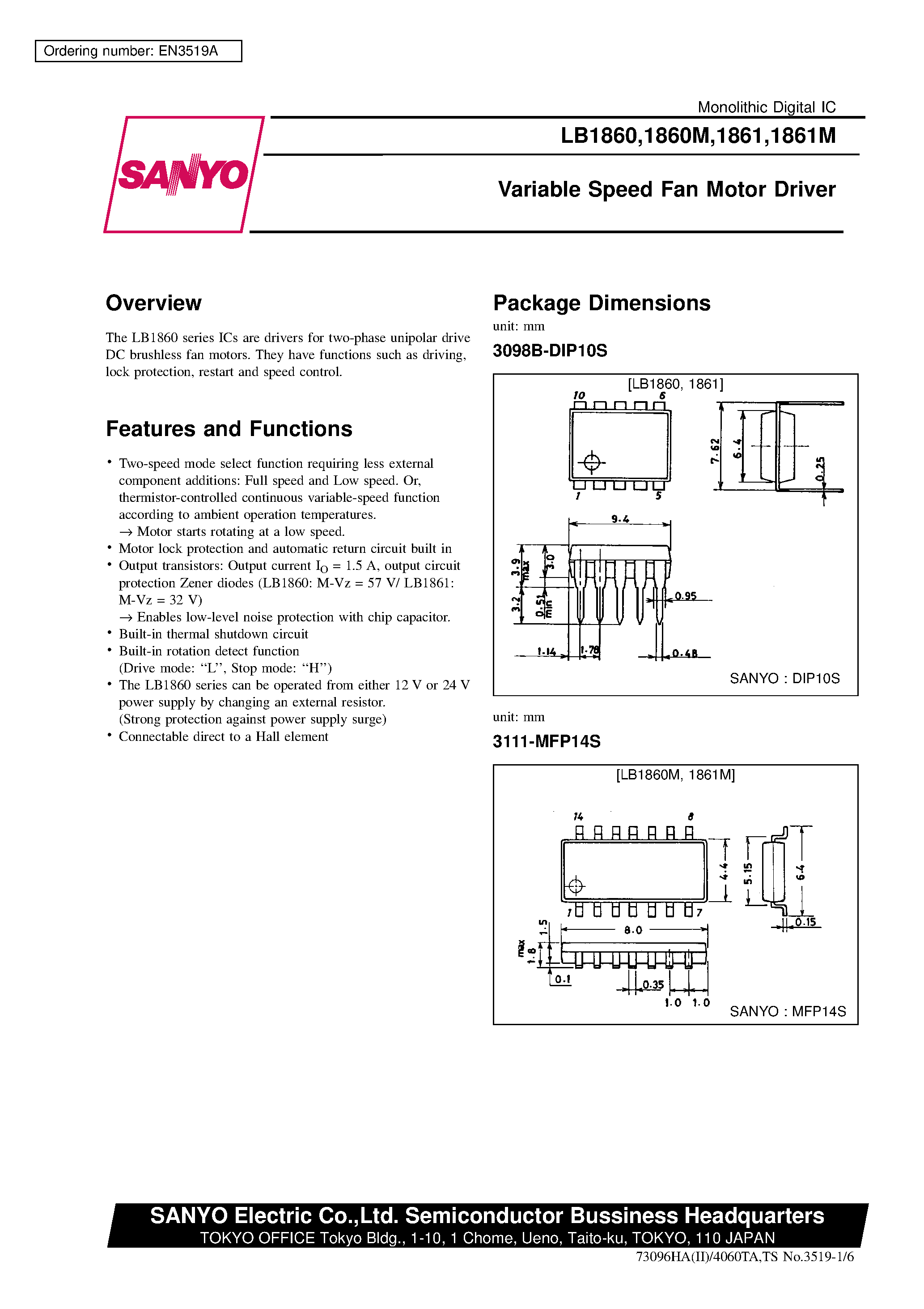 Datasheet LB1860 - Variable Speed Fan Motor Driver page 1