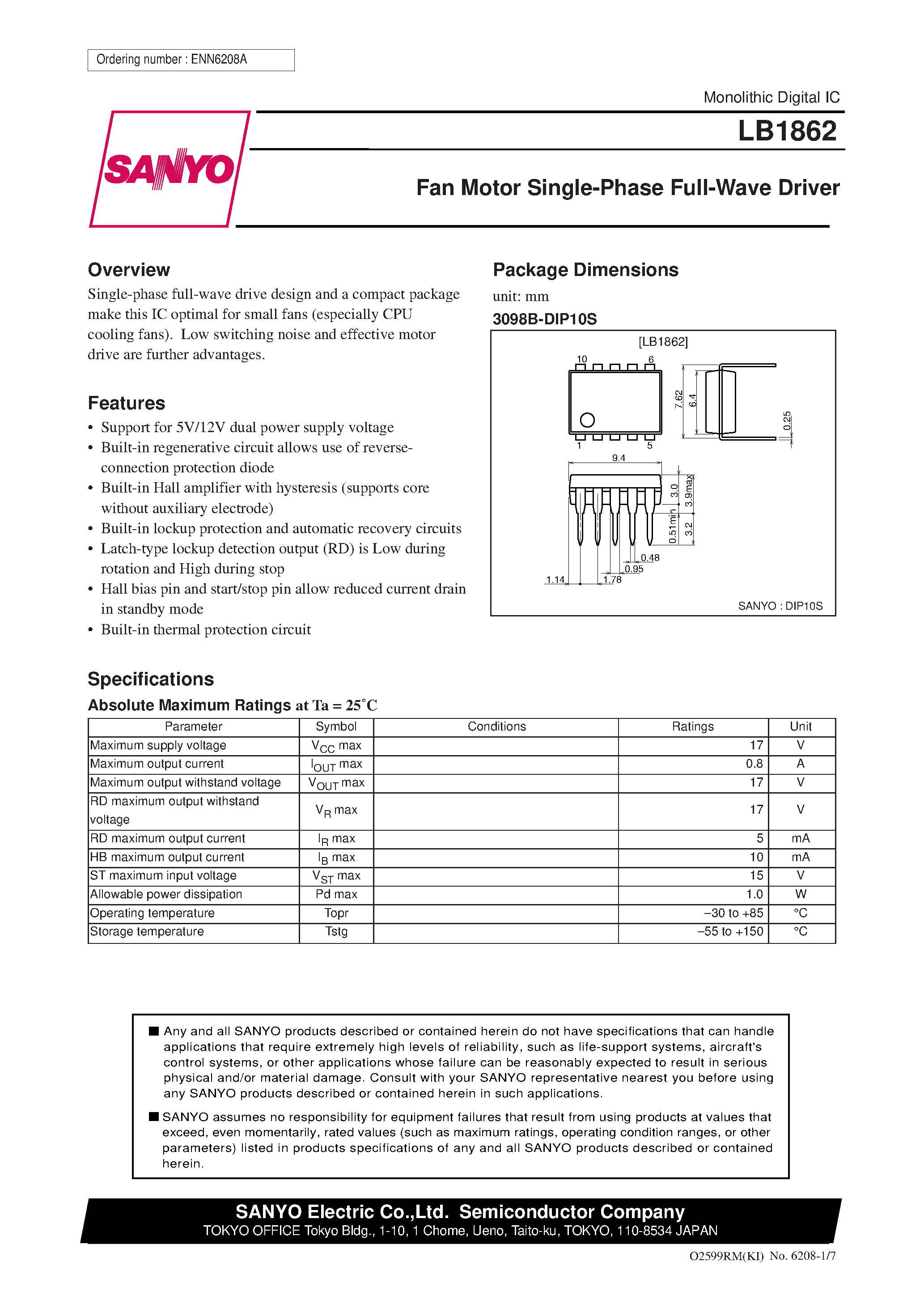 Datasheet LB1862 page 1 Datasheet LB1862 - Fan Motor Single-Phase Full-Wave Driver page 1