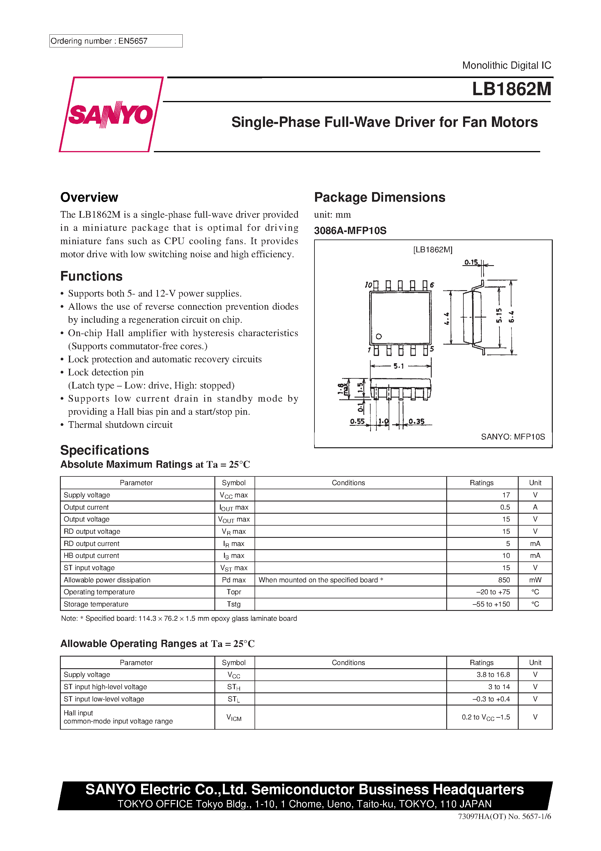 Datasheet LB1862M page 1 Datasheet LB1862M - Fan Motor Single-Phase Full-Wave Drivers page 1