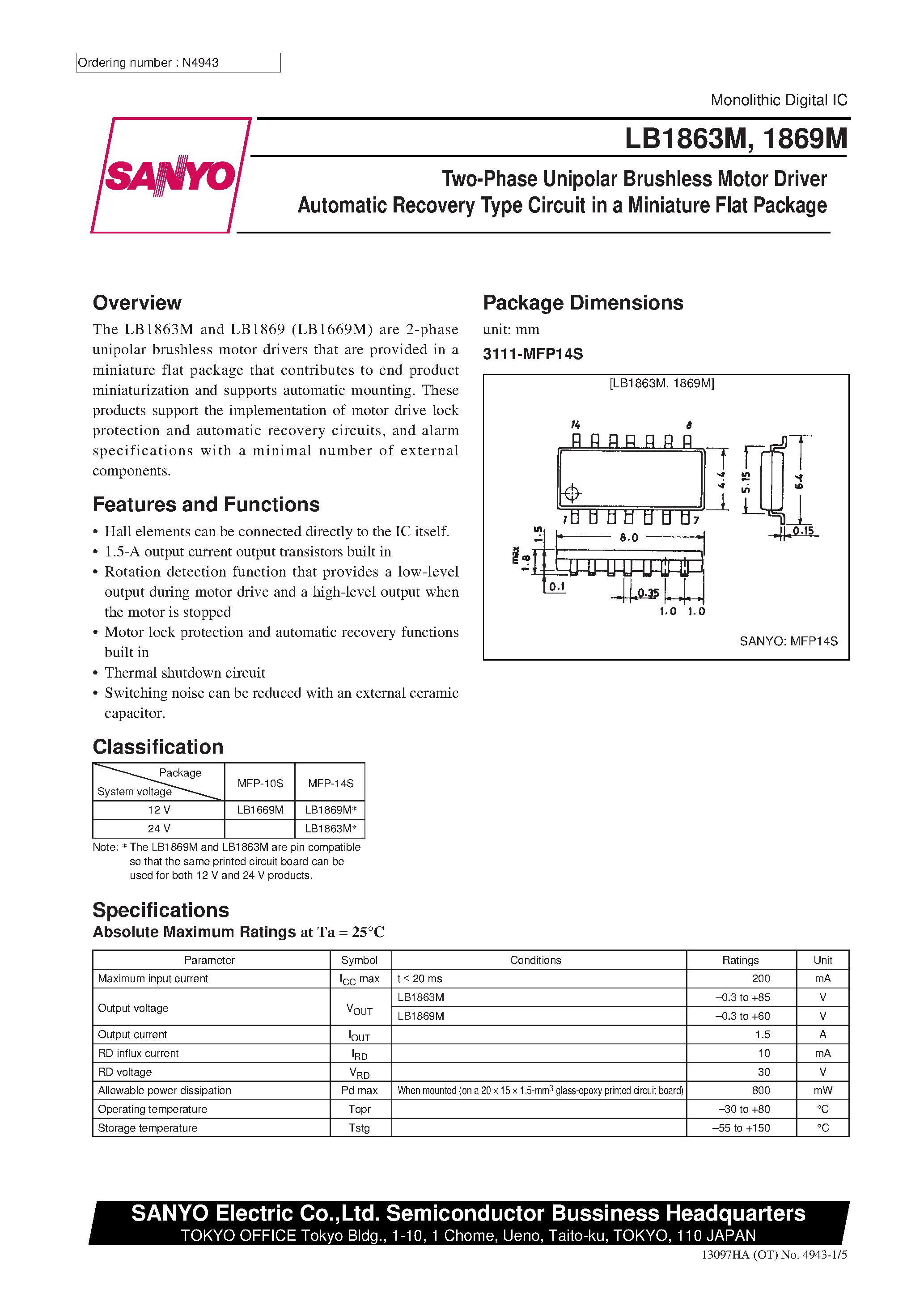 Datasheet LB1863M - Two-Phase Unipolar Brushless Motor Driver Automatic Recovery Type Circuit in a Miniature Flat Package page 1