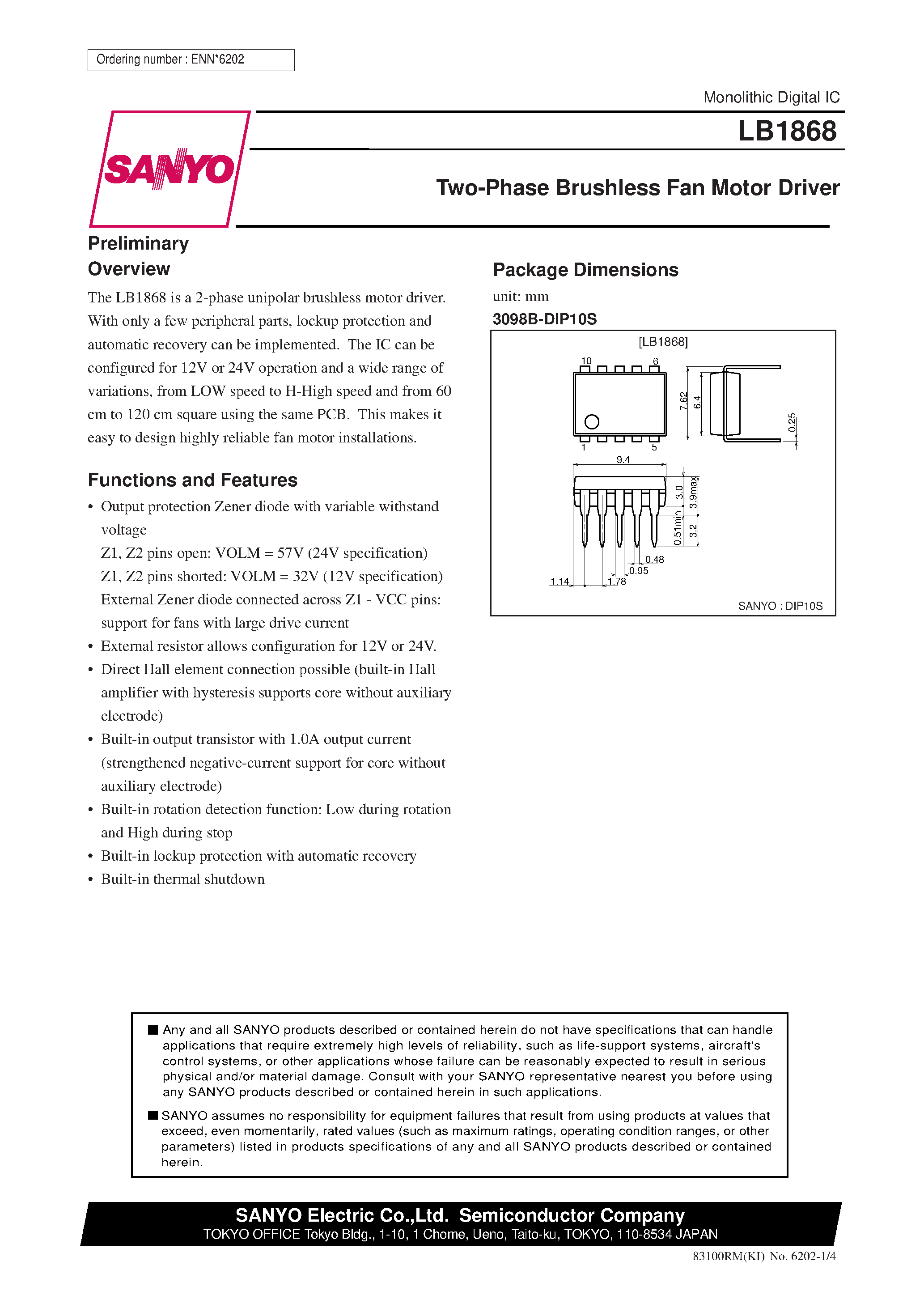 Datasheet LB1868 page 1 Datasheet LB1868 - Two-Phase Brushless Fan Motor Driver page 1