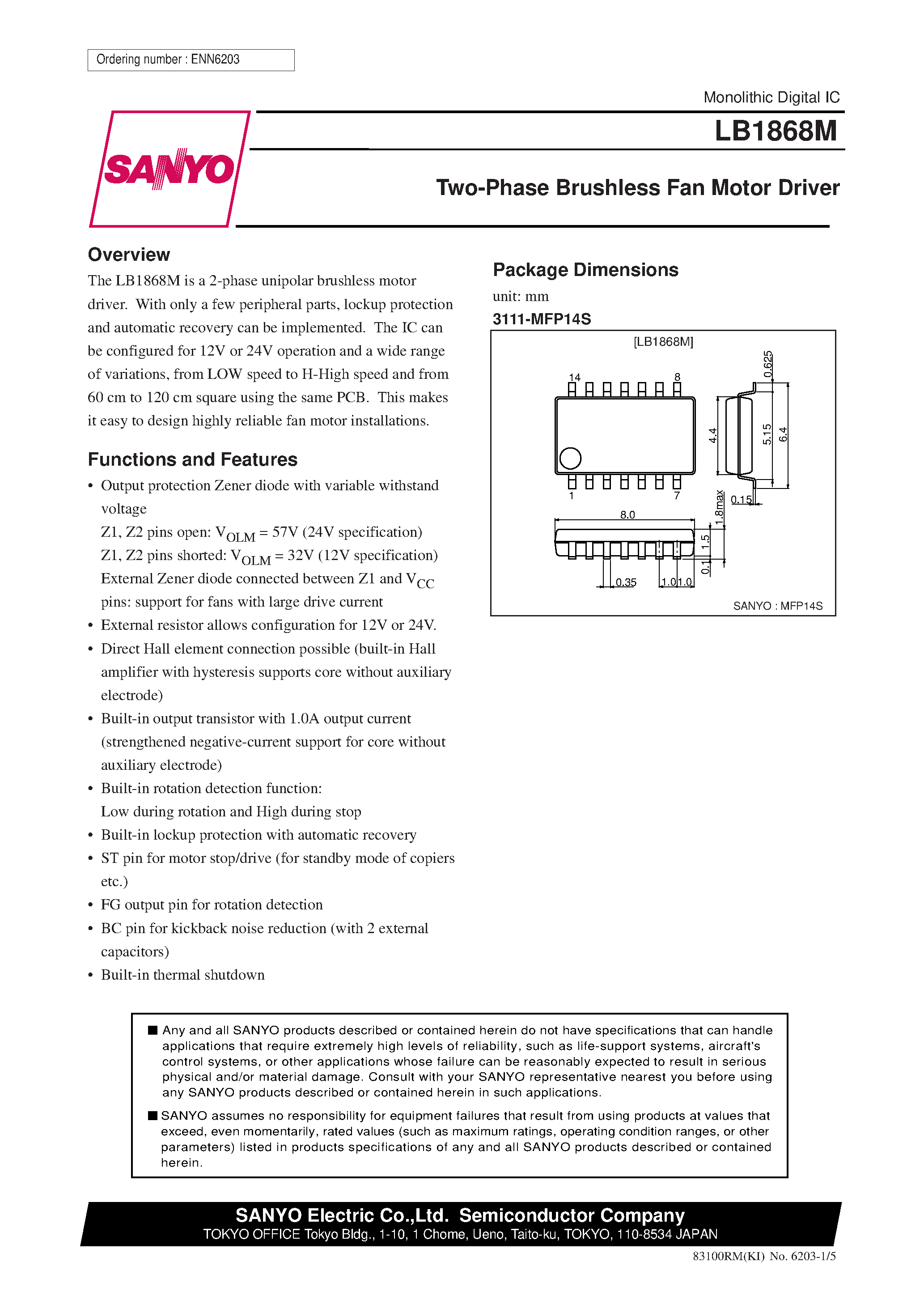 Datasheet LB1868M page 1 Datasheet LB1868M - Two-Phase Brushless Fan Motor Driver page 1