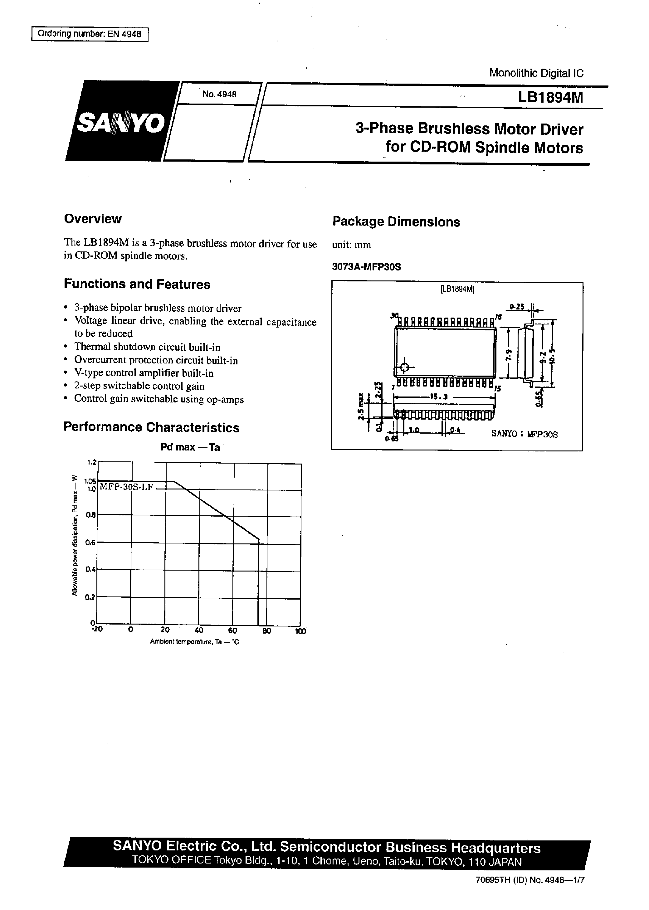 Datasheet LB1894M page 1 Datasheet LB1894M - 3-Phase Brushless Motor Driver for CD-ROM Spindle Motors page 1