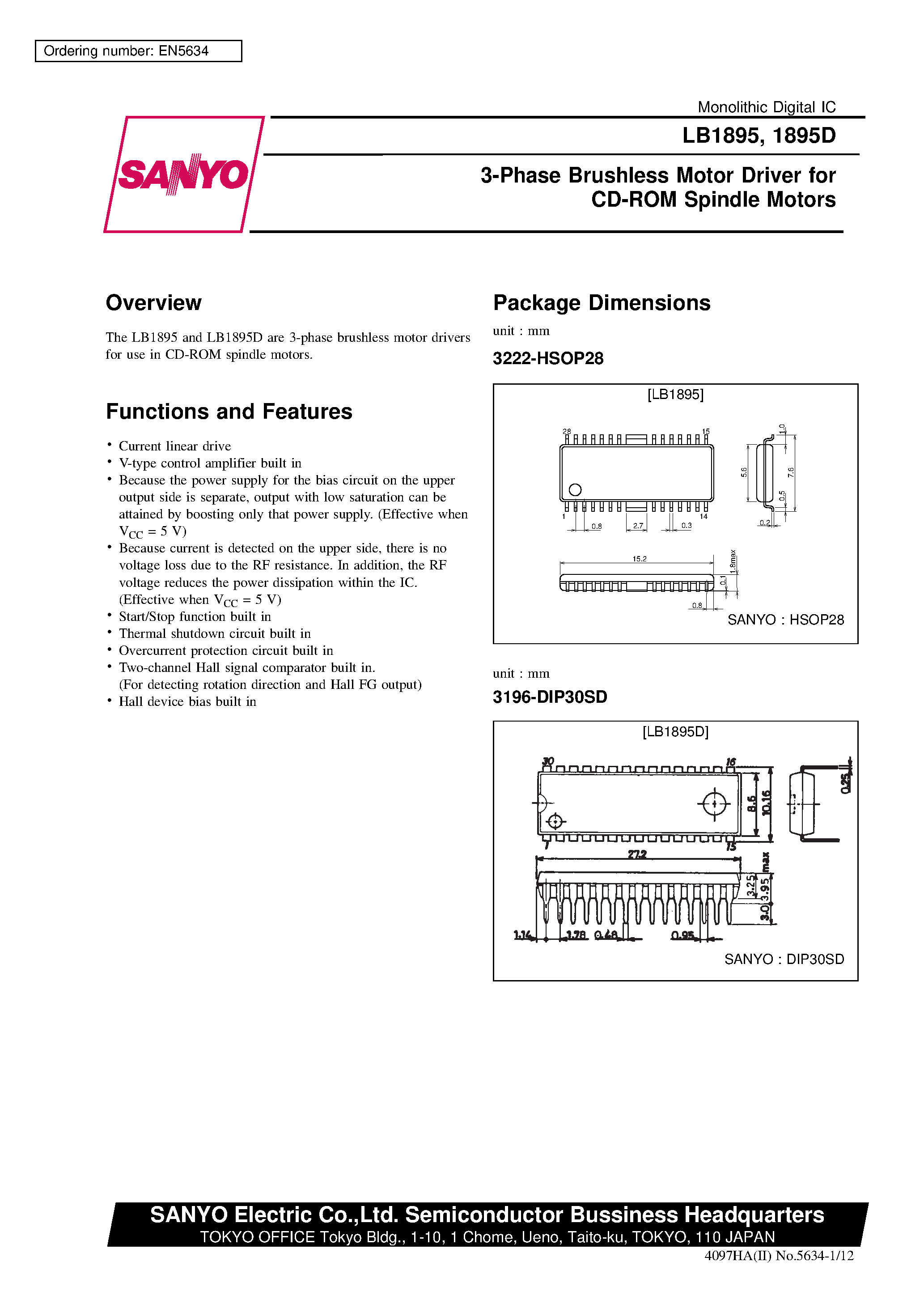 Datasheet LB1895 - 3-Phase Brushless Motor Driver for CD-ROM Spindle Motors page 1