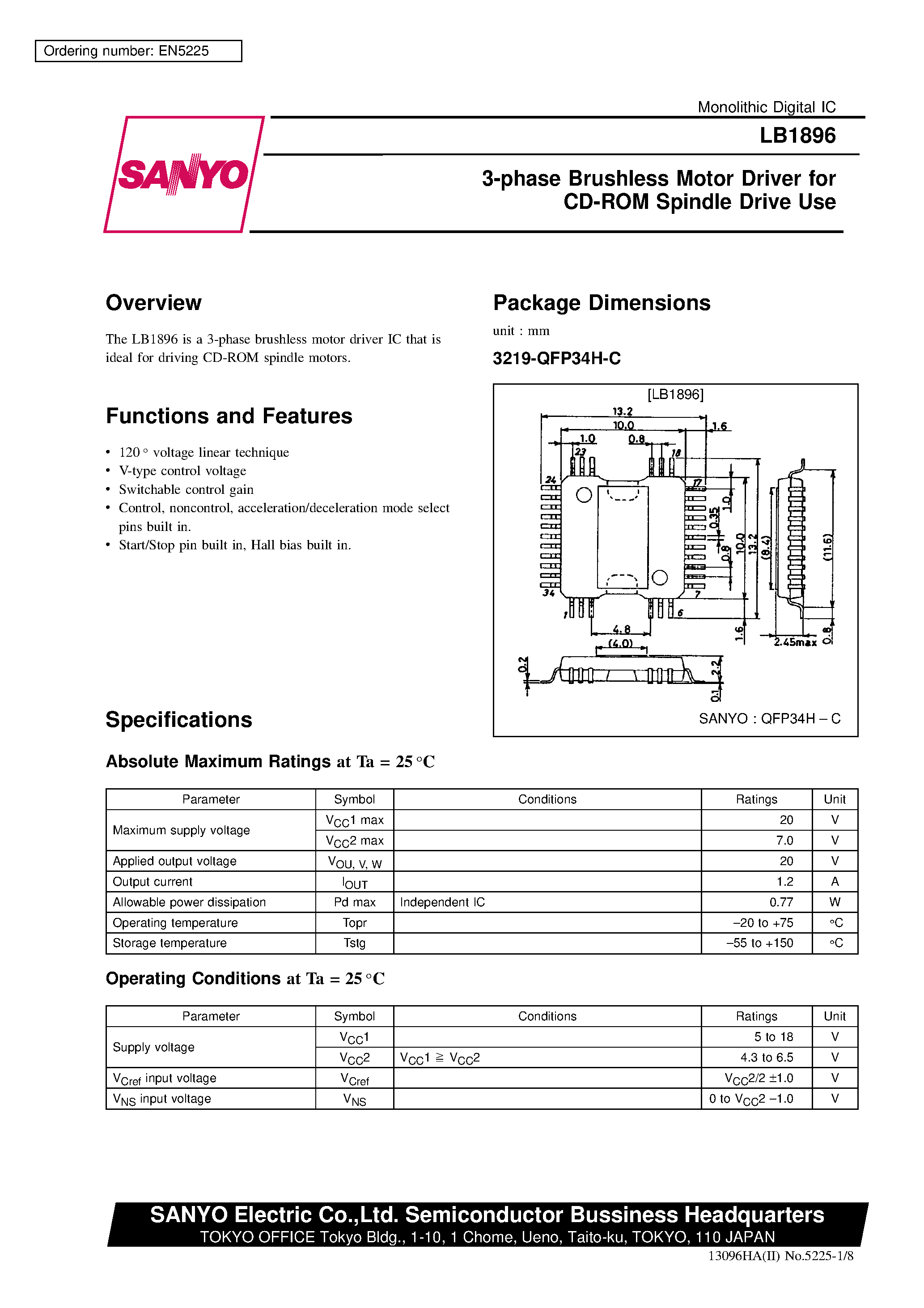 Datasheet LB1896 page 1 Datasheet LB1896 - 3-phase Brushless Motor Driver for CD-ROM Spindle Drive Use page 1