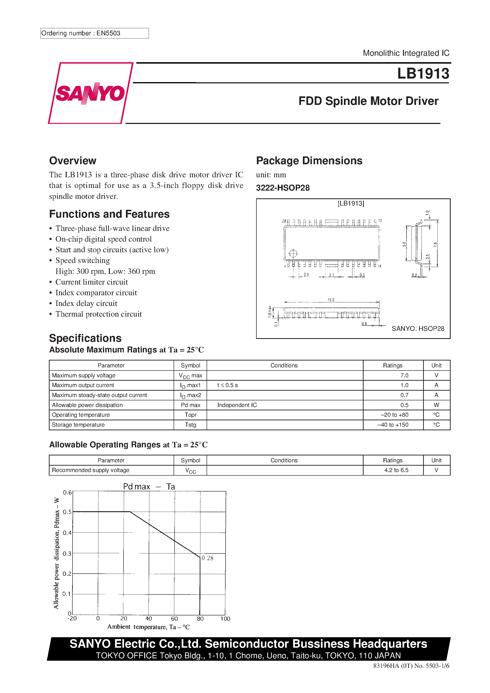 Даташит LB1913 - FDD Spindle Motor Driver страница 1