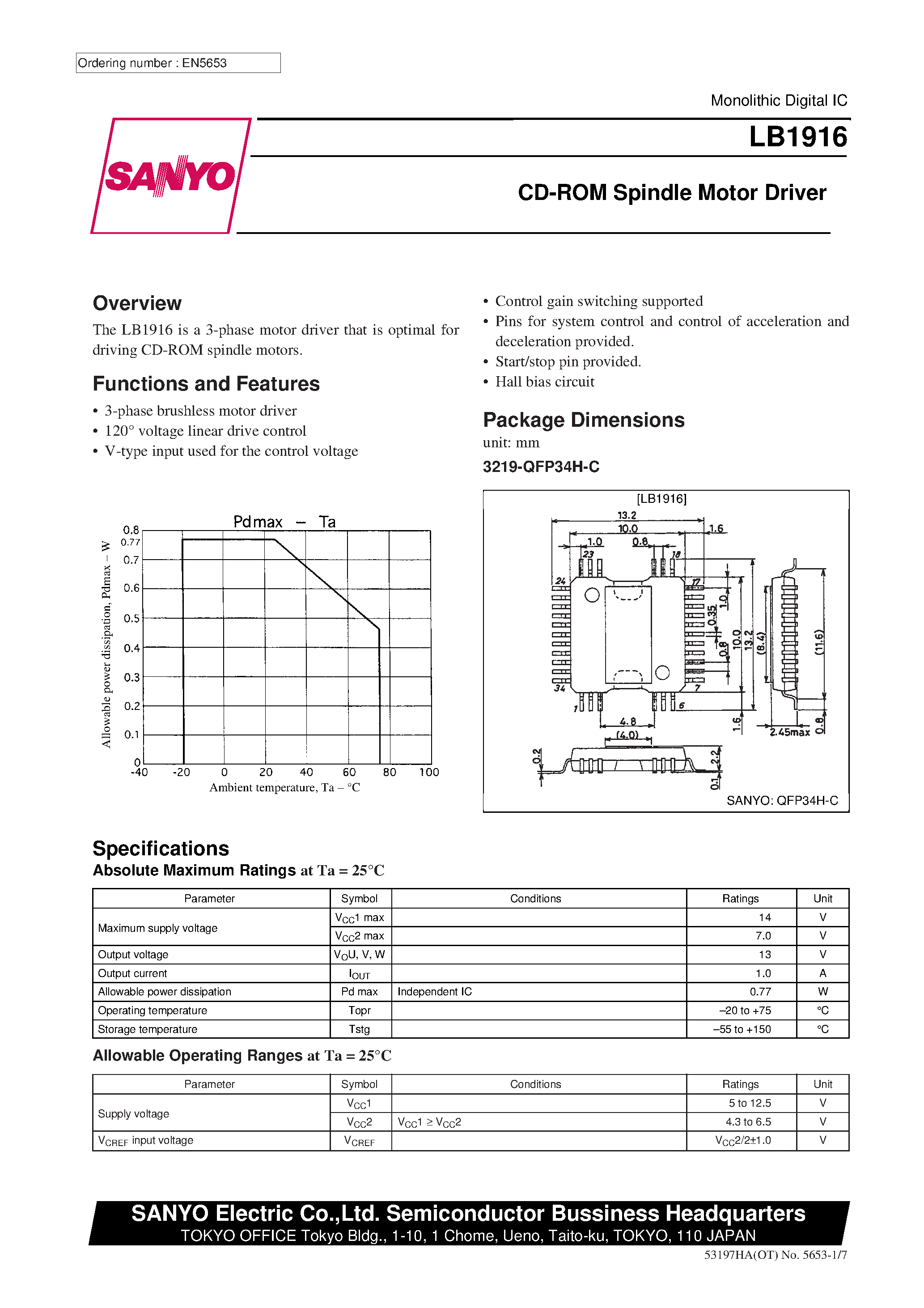 Datasheet LB1916 page 1 Datasheet LB1916 - CD-ROM Spindle Motor Driver page 1