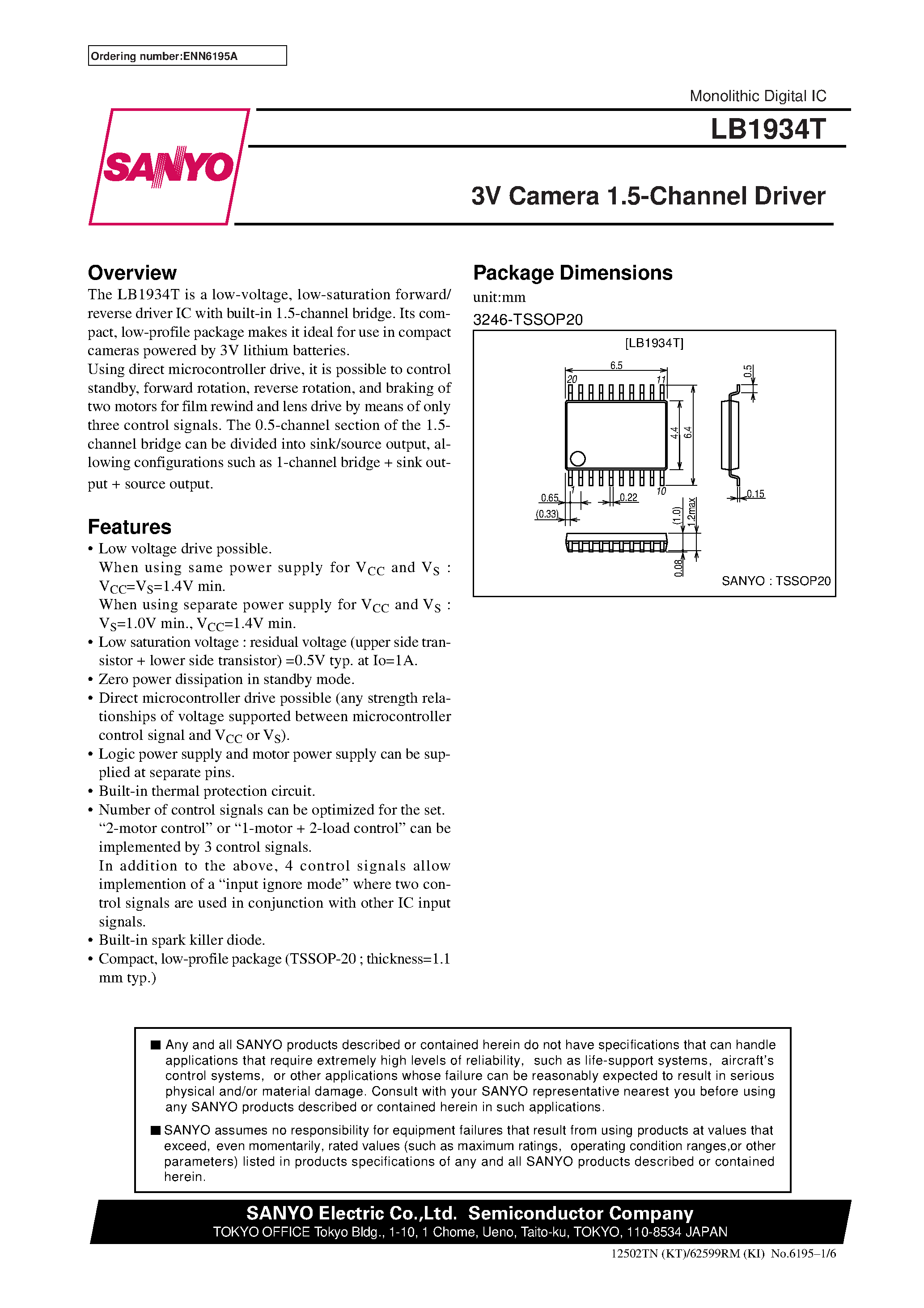 Datasheet LB1934 page 1 Datasheet LB1934 - 3V Camera 1.5-Channel Driver page 1