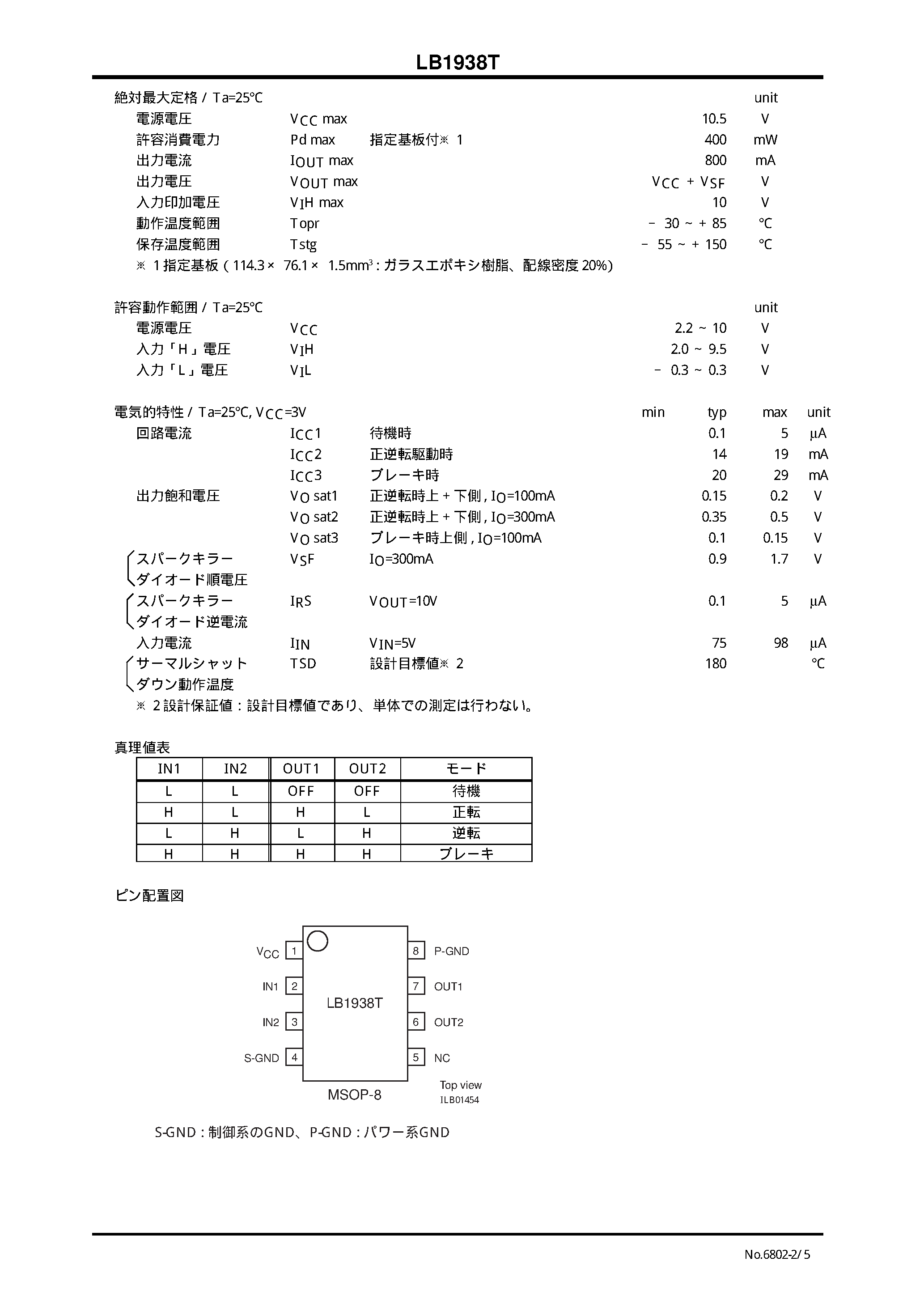Datasheet LB1938T page 2 Datasheet LB1938T - I CH MOTOR DRIVE page 2