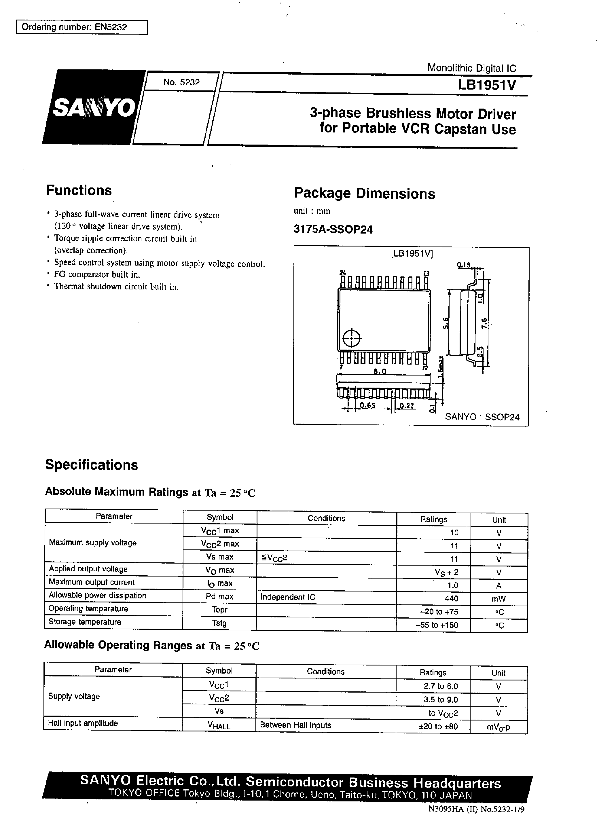 Datasheet LB1951 - 3-Phase Brushless Motor Driver for Portable VCR Capstan Use page 1