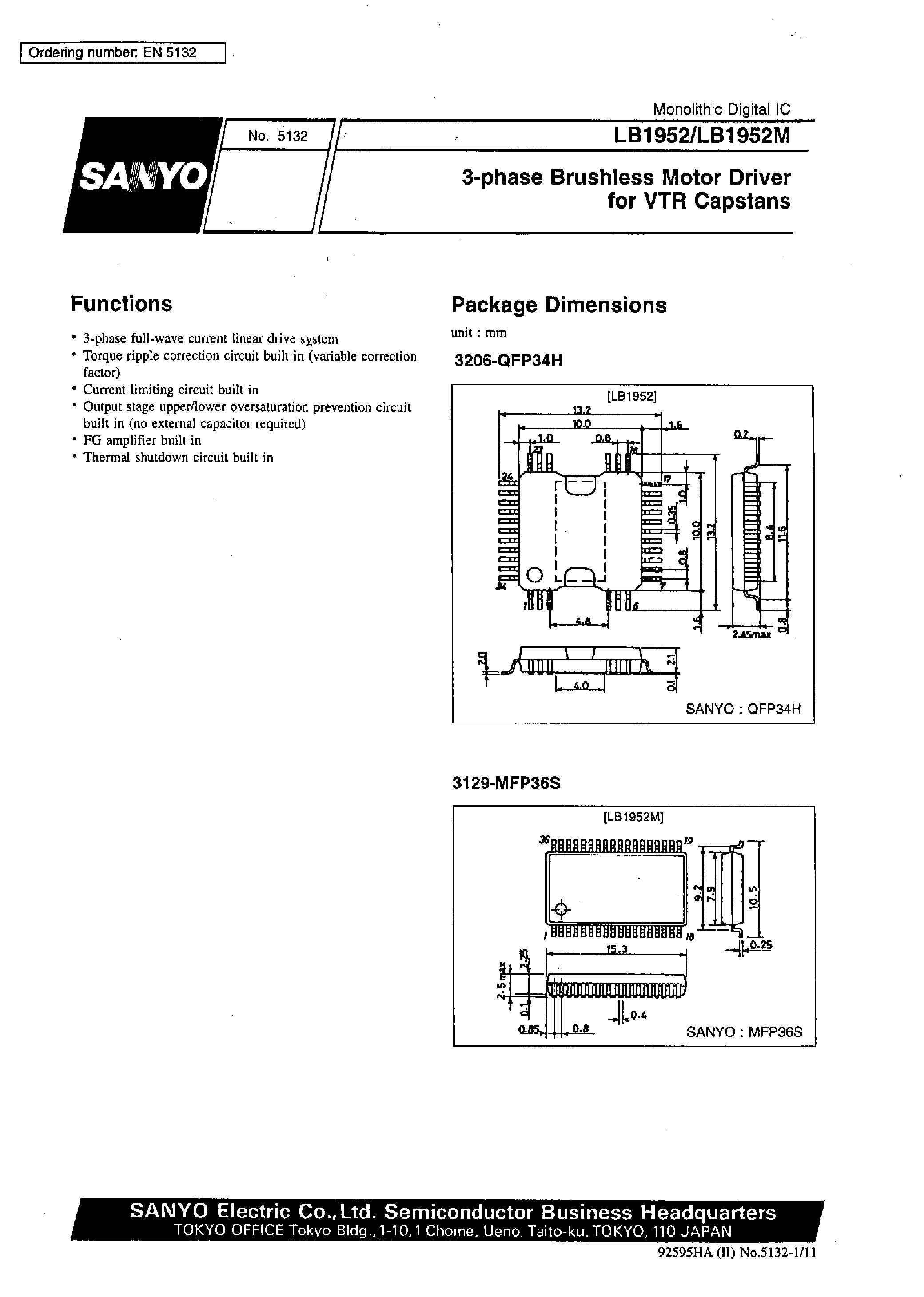 Datasheet LB1952M - 3-Phase Brushless Motor Driver for VCR Capstans page 1