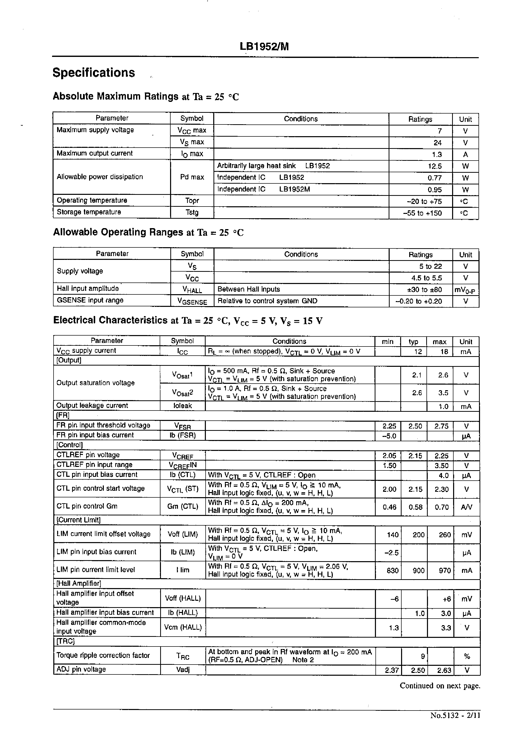 Datasheet LB1952M - 3-Phase Brushless Motor Driver for VCR Capstans page 2