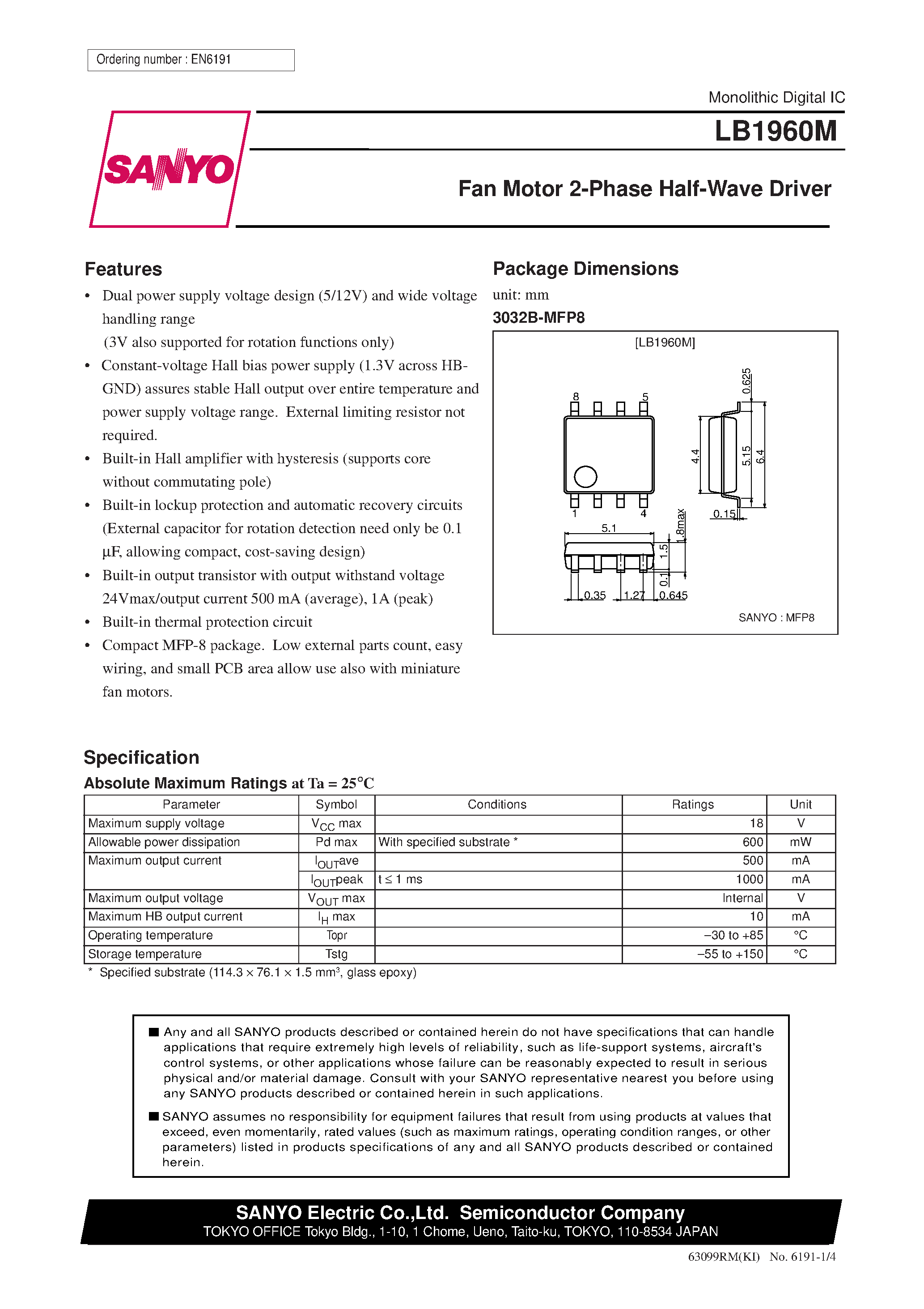 Datasheet LB1960M page 1 Datasheet LB1960M - Fan Motor 2-Phase Half-Wave Driver page 1