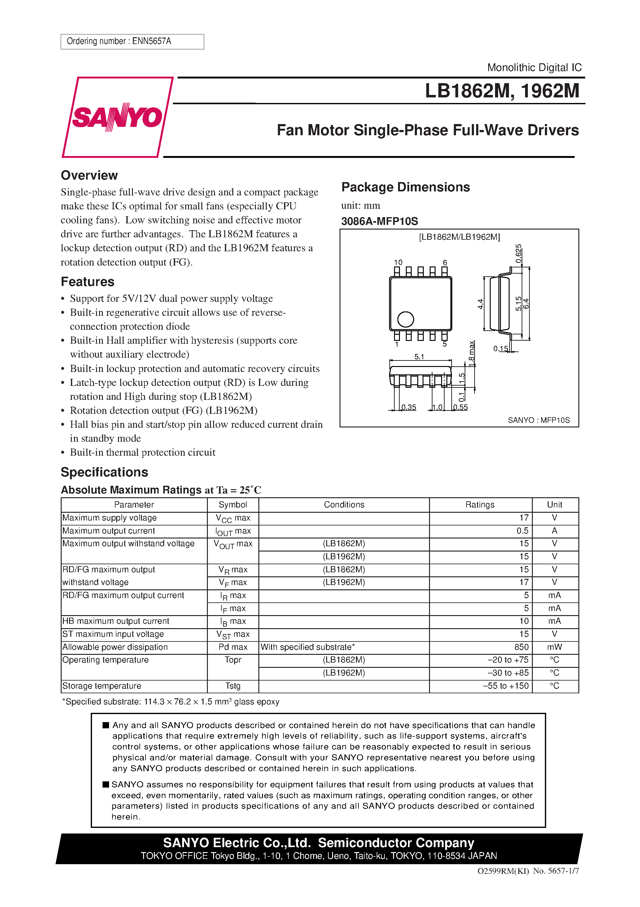 Datasheet LB1962M page 1 Datasheet LB1962M - Fan Motor Single-Phase Full-Wave Drivers page 1