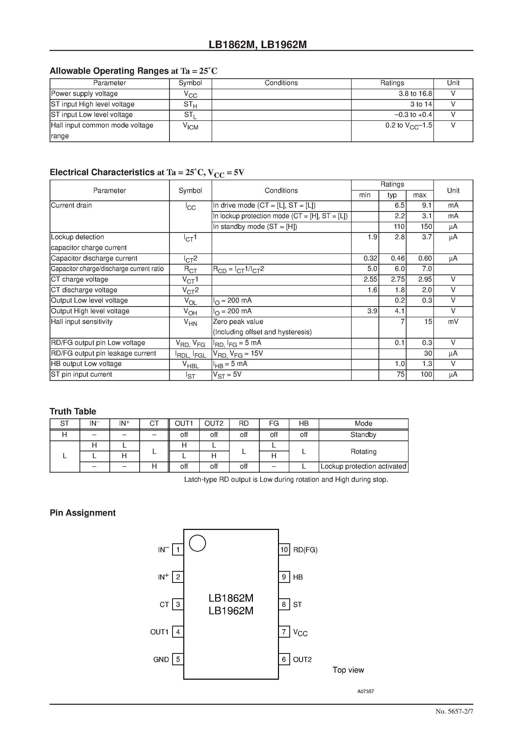 Datasheet LB1962M page 2 Datasheet LB1962M - Fan Motor Single-Phase Full-Wave Drivers page 2