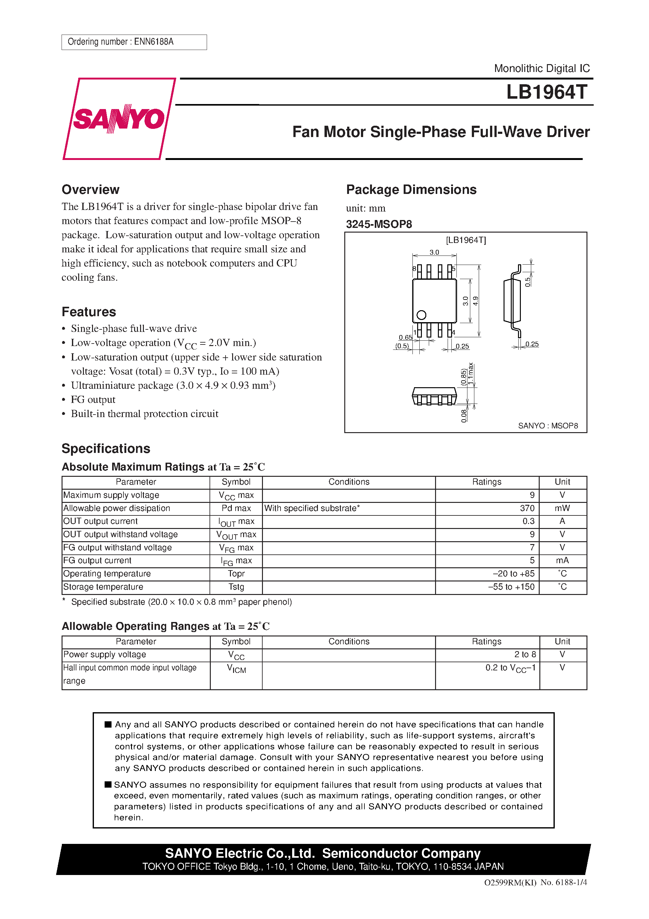 Datasheet LB1964 - Fan Motor Single-Phase Full-Wave Driver page 1