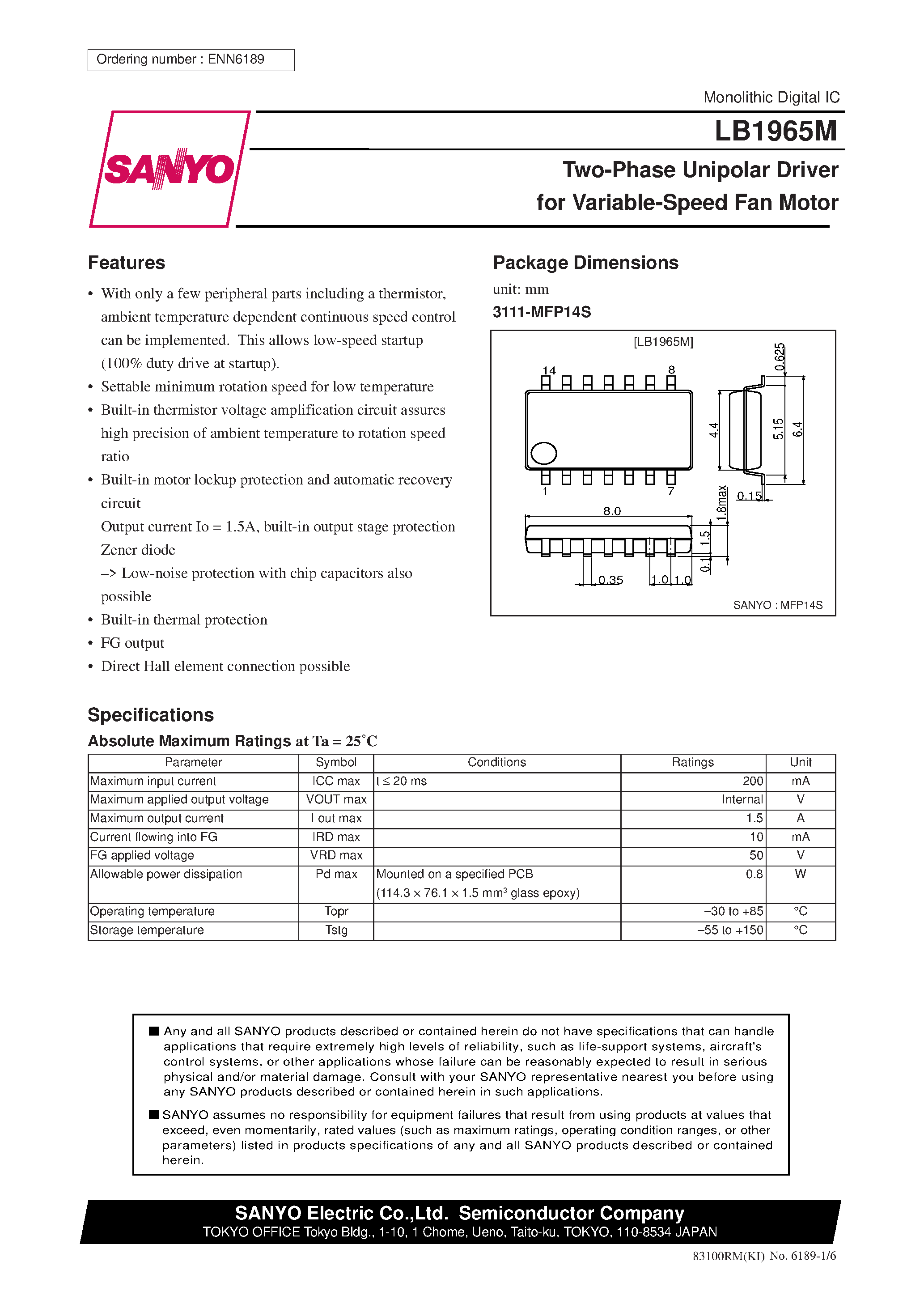 Datasheet LB1965 page 1 Datasheet LB1965 - Two-Phase Unipolar Driver for Variable-Speed Fan Motor page 1