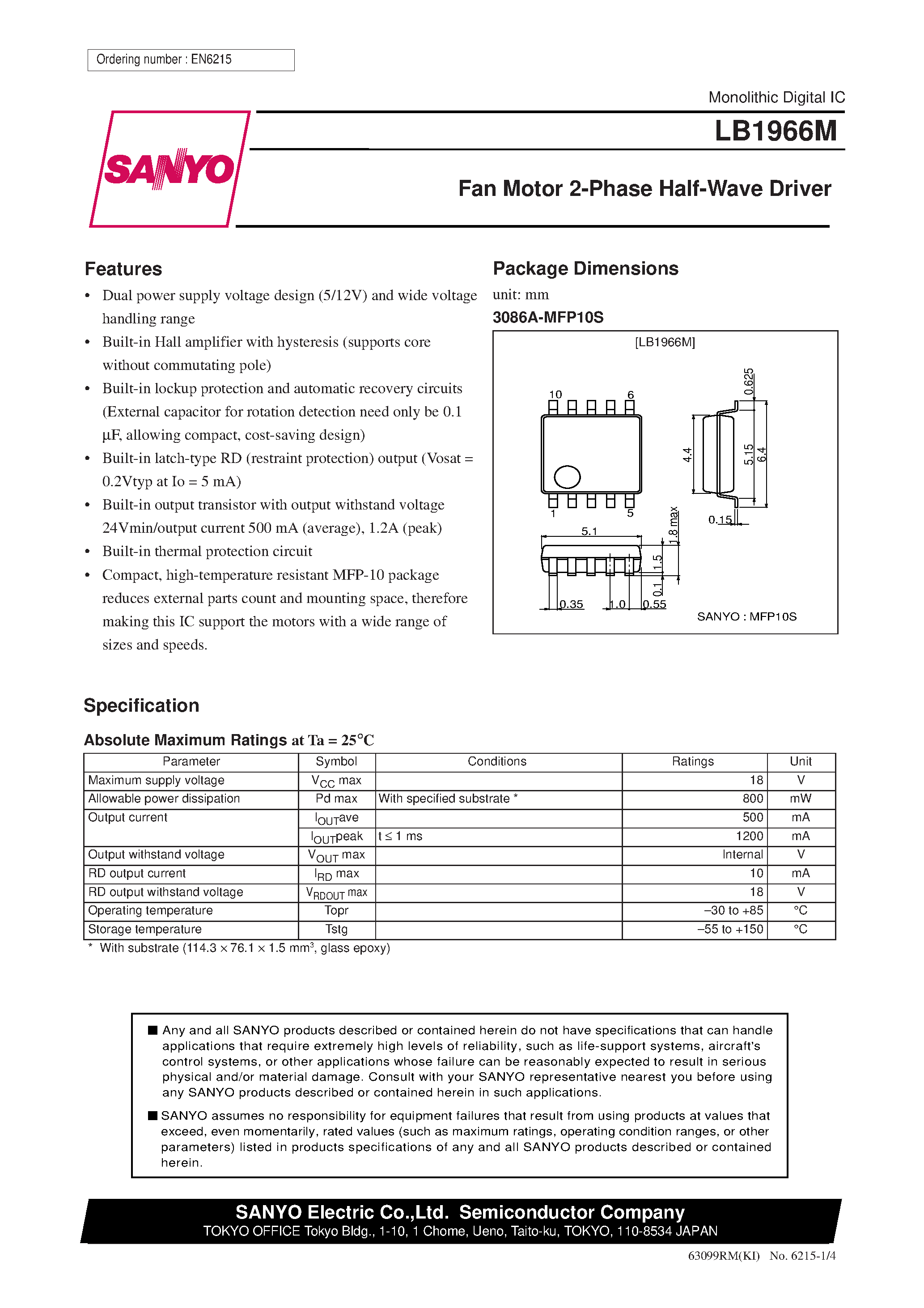 Datasheet LB1966 - Fan Motor 2-Phase Half-Wave Driver page 1