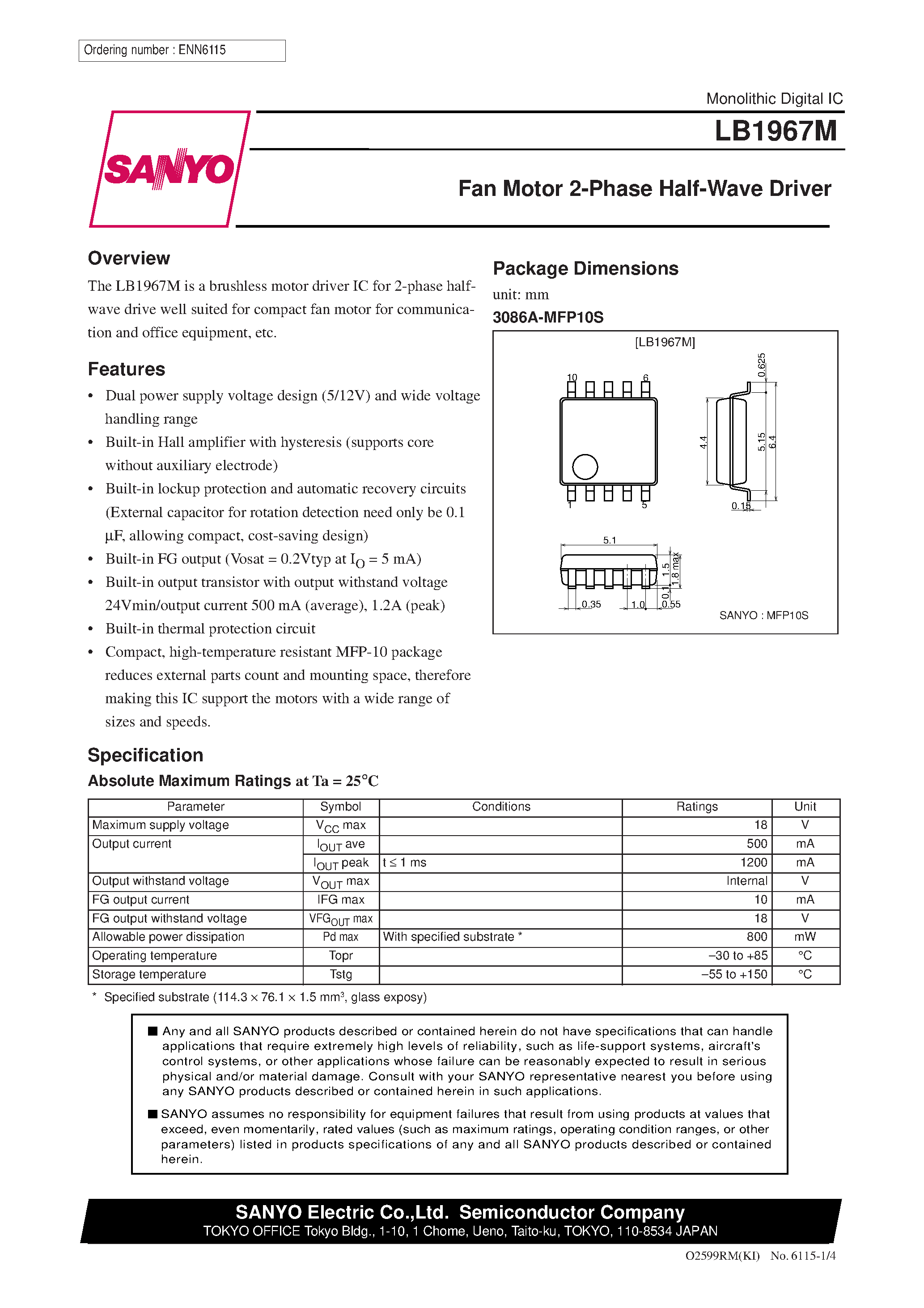 Datasheet LB1967M page 1 Datasheet LB1967M - Fan Motor 2-Phase Half-Wave Driver page 1