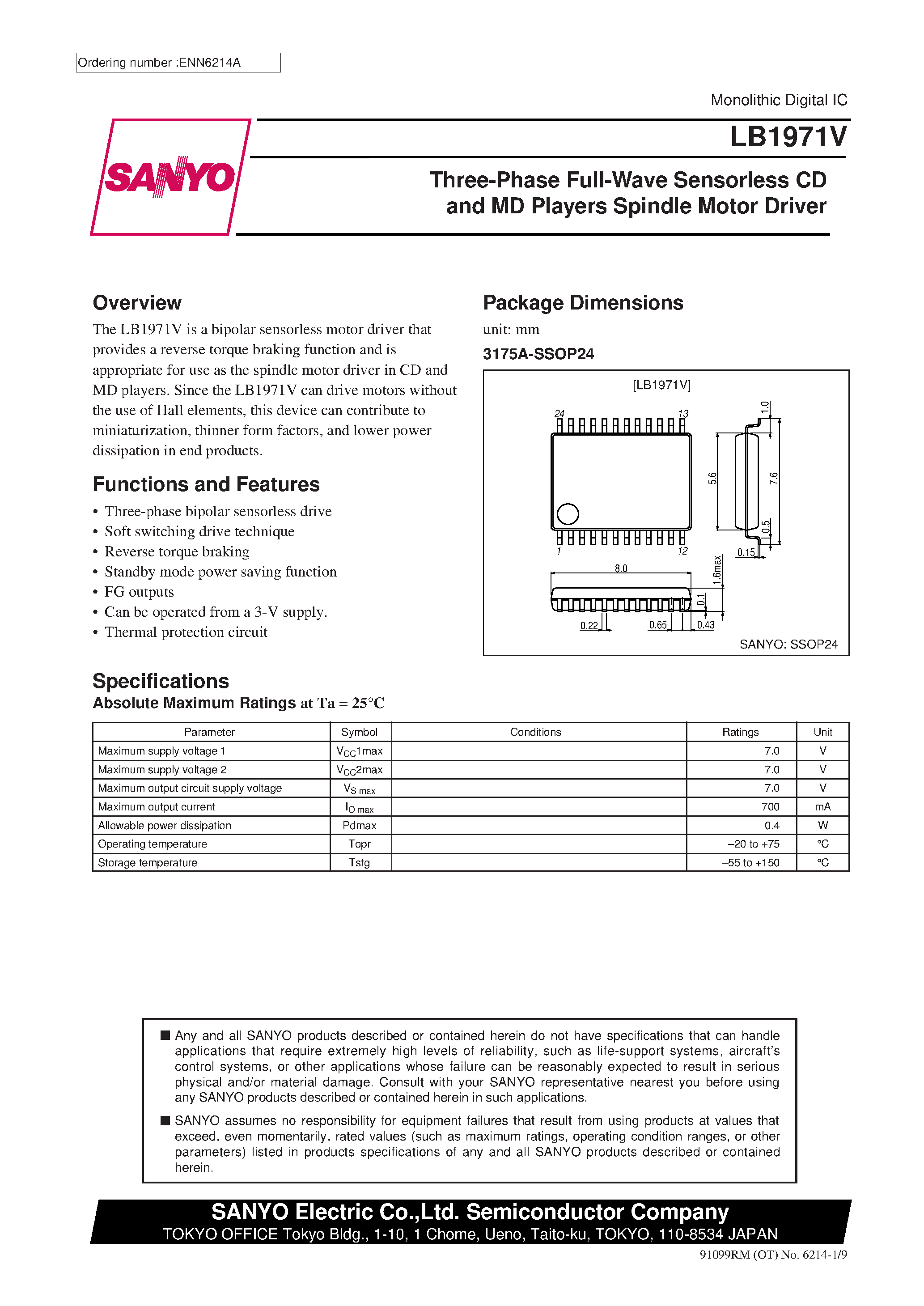 Datasheet LB1971V page 1 Datasheet LB1971V - Three-Phase Full-Wave Sensorless CD and MD Players Spindle Motor Driver page 1