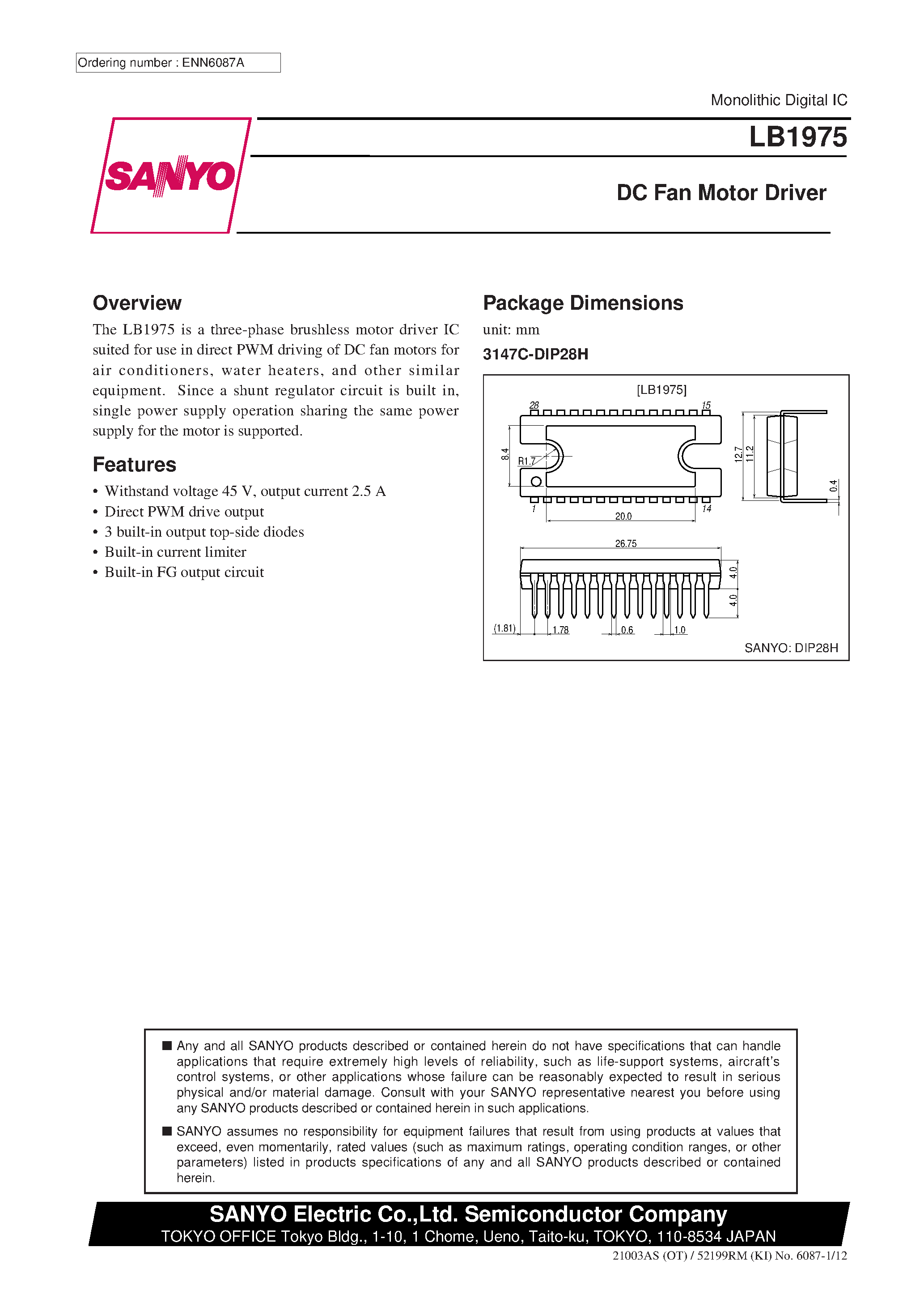 Datasheet LB1975 page 1 Datasheet LB1975 - DC Fan Motor Driver page 1