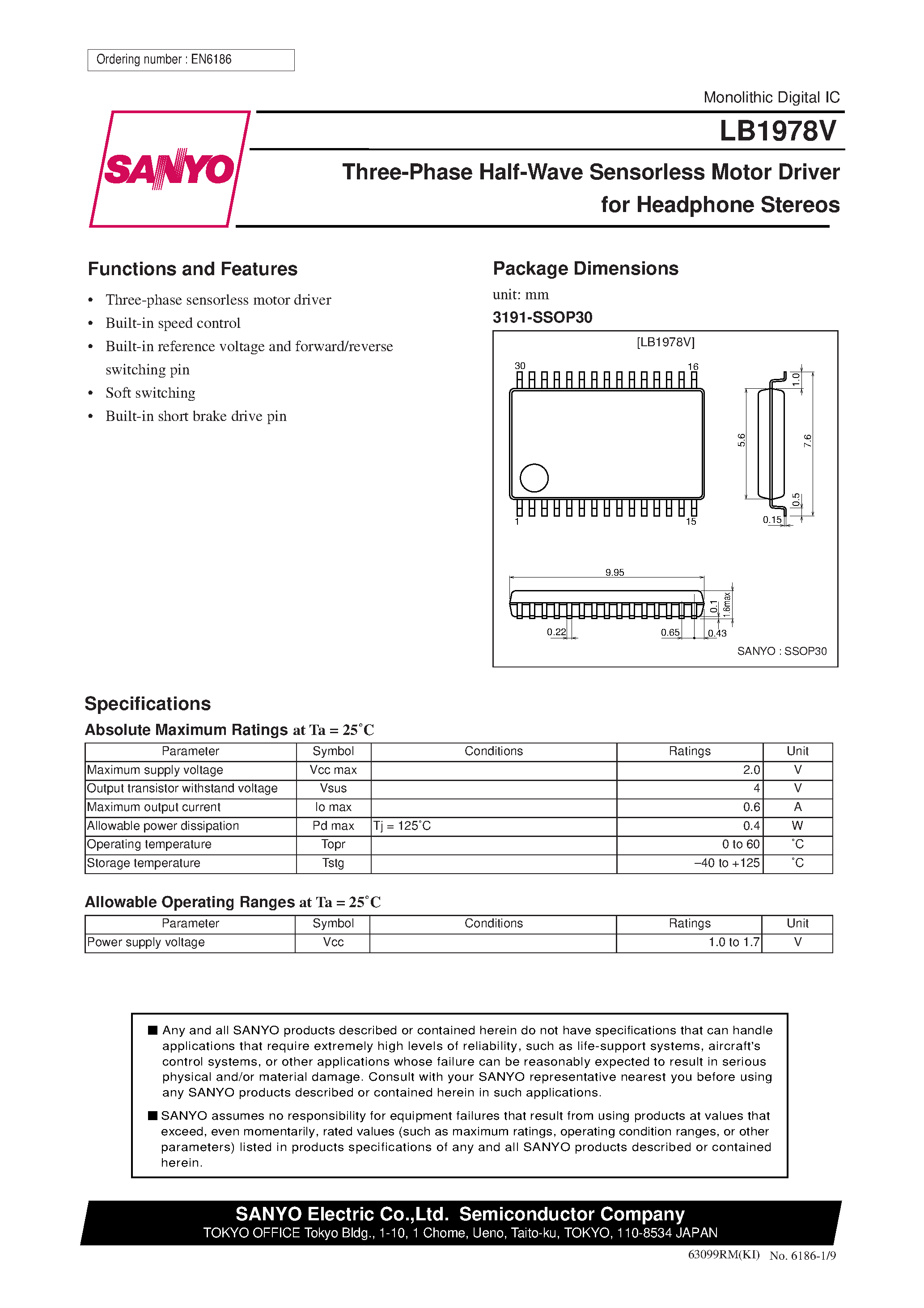 Даташит на микросхему LB1978V страница 1 Даташит LB1978V - Three-Phase Half-Wave Sensorless Motor Driver for Headphone Stereos страница 1