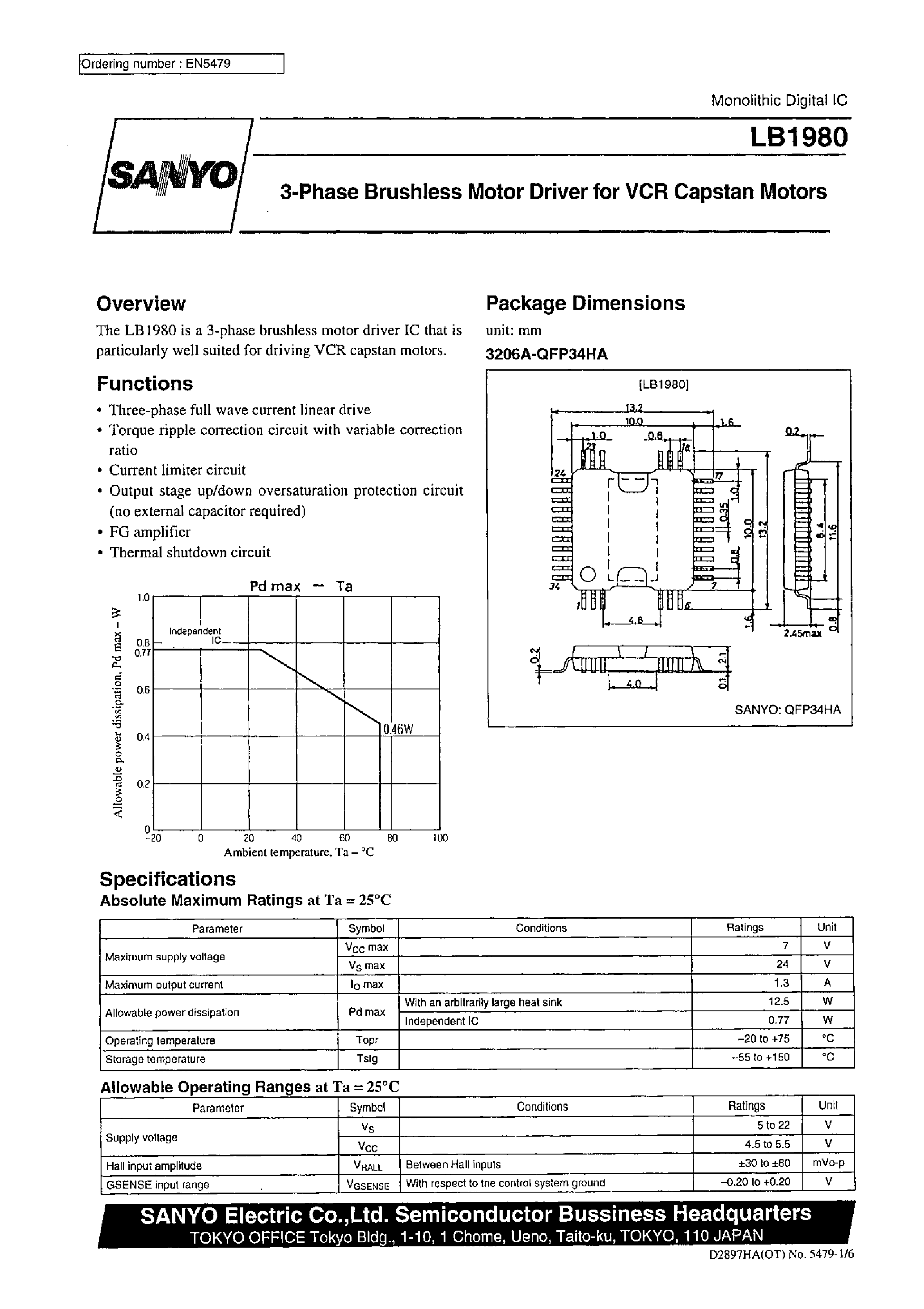 Datasheet LB1980 - 3-Phase Brushless Motor Driver for VCR Capstan Motors page 1